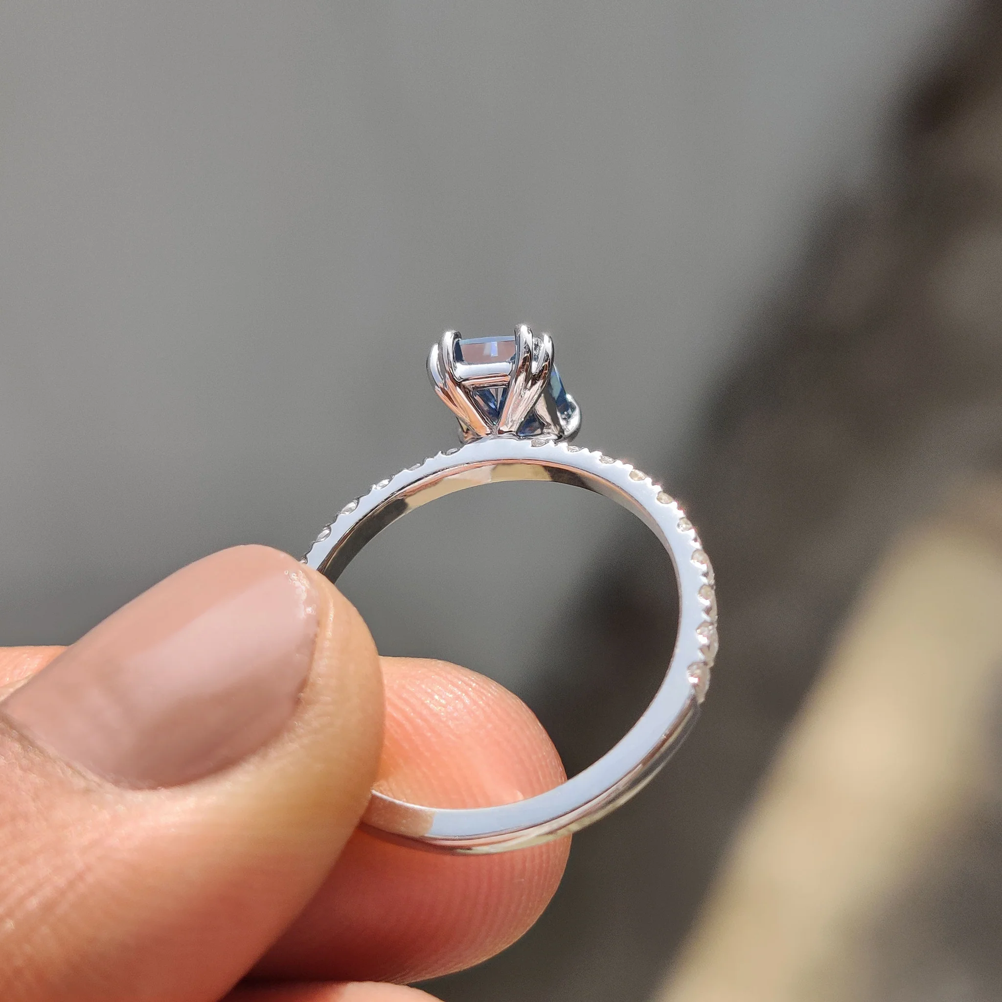Radiant Cut Blue Moissanite Ring In Pave Setting - Image 5