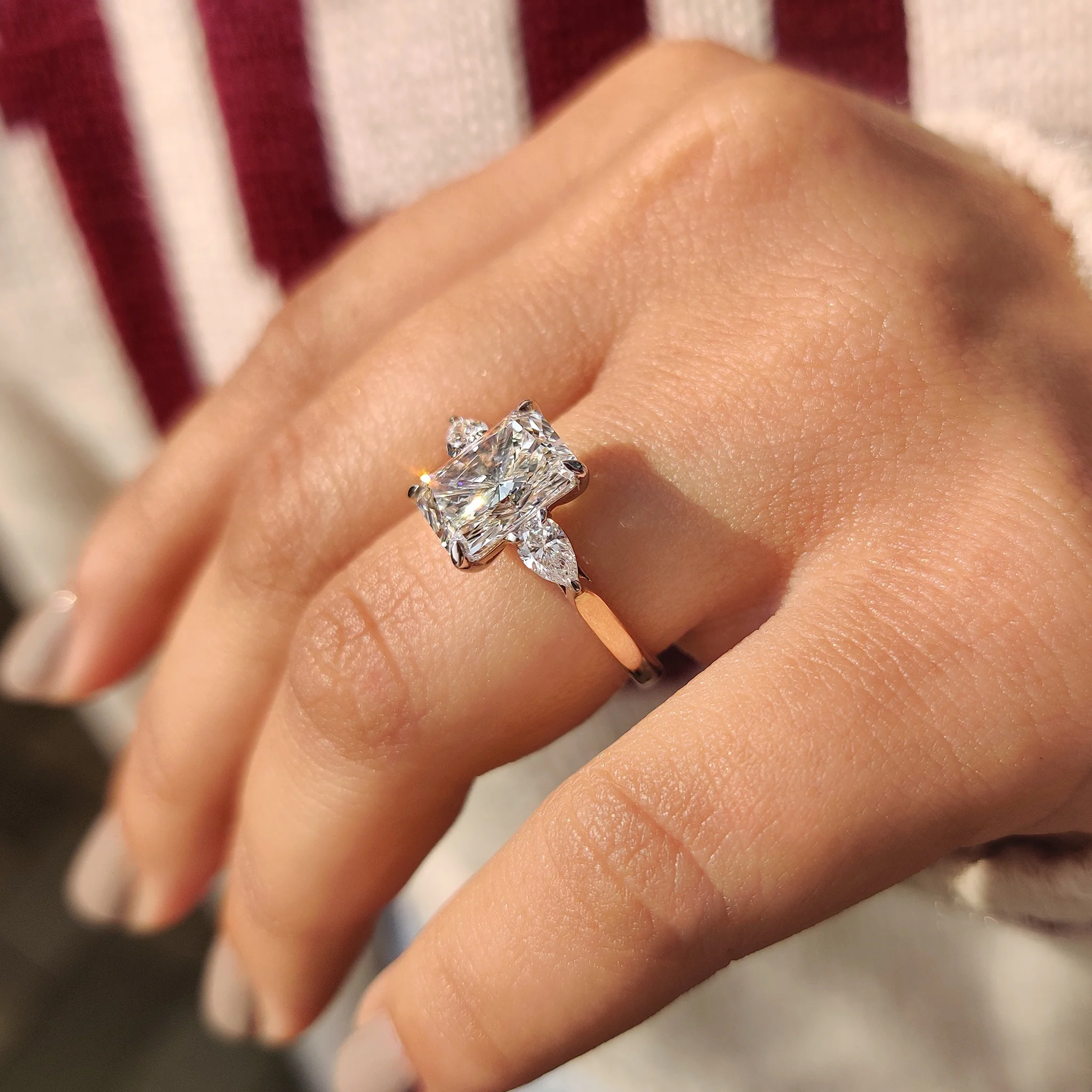 Two Tone Radiant Cut Diamond Ring With Pear Side Stones - Image 3
