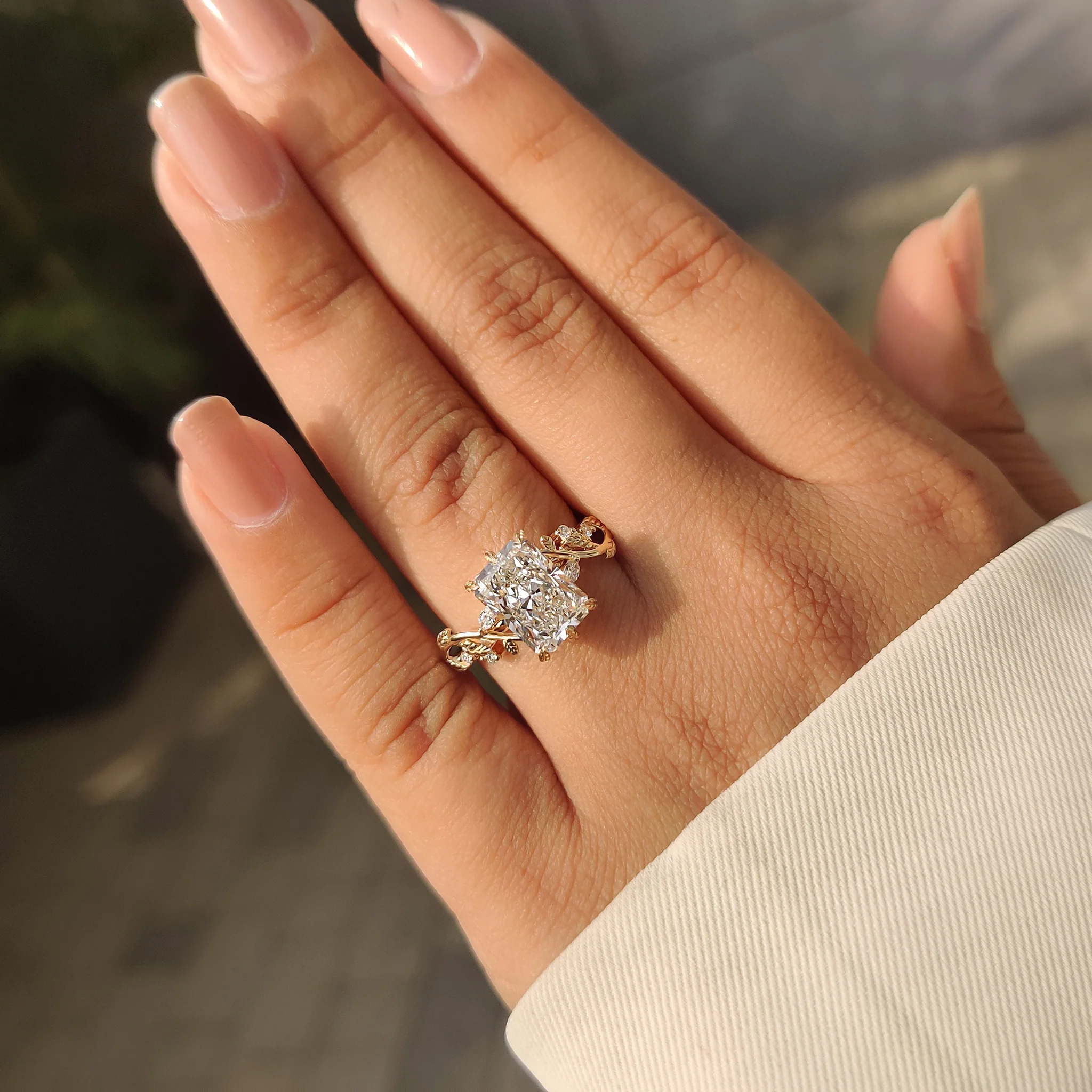 Radiant Cut Nature Inspired Engagement Ring with Leaf Style Prong - Image 9