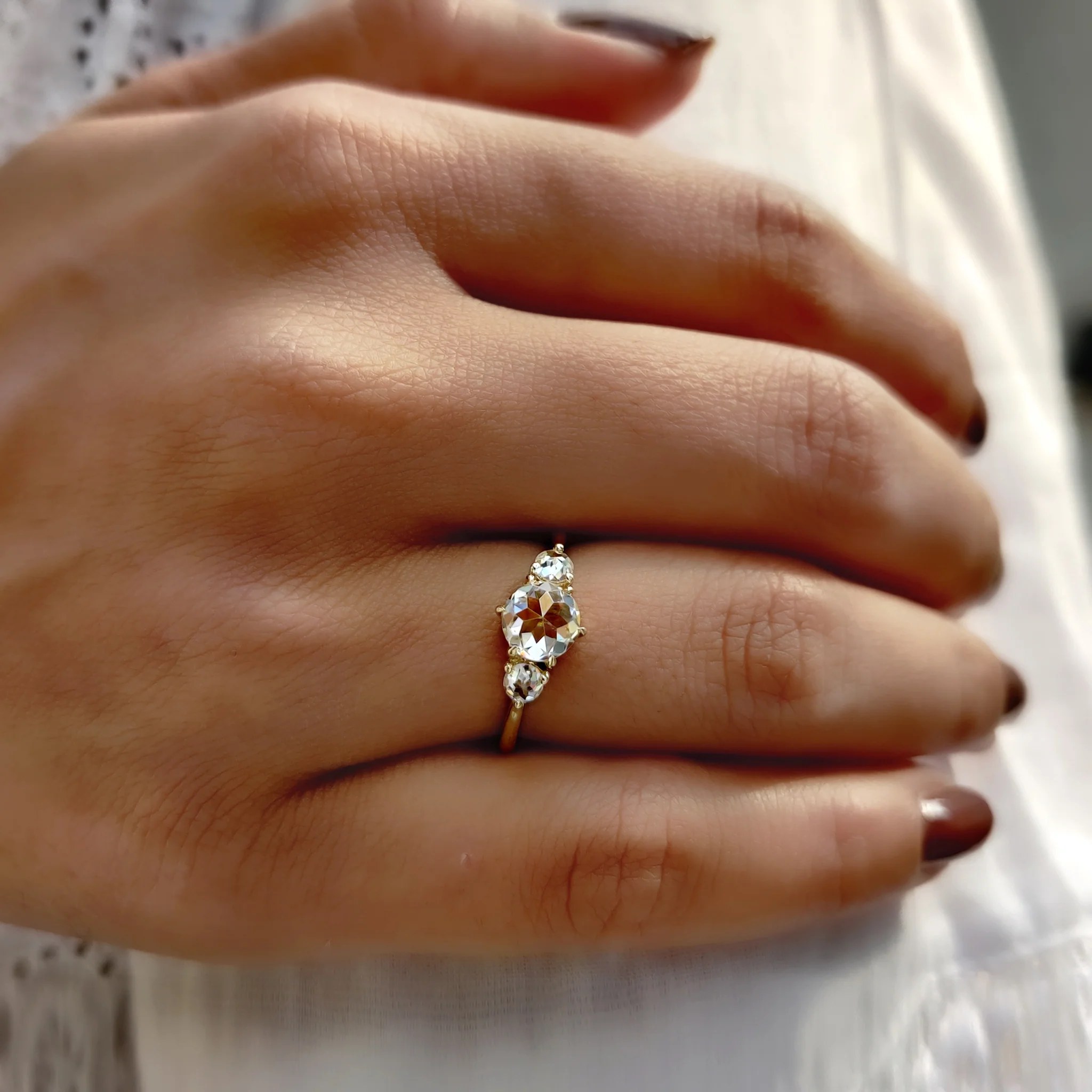 Round Rose Cut Moissanite Ring With 3 Stone Style - Image 3