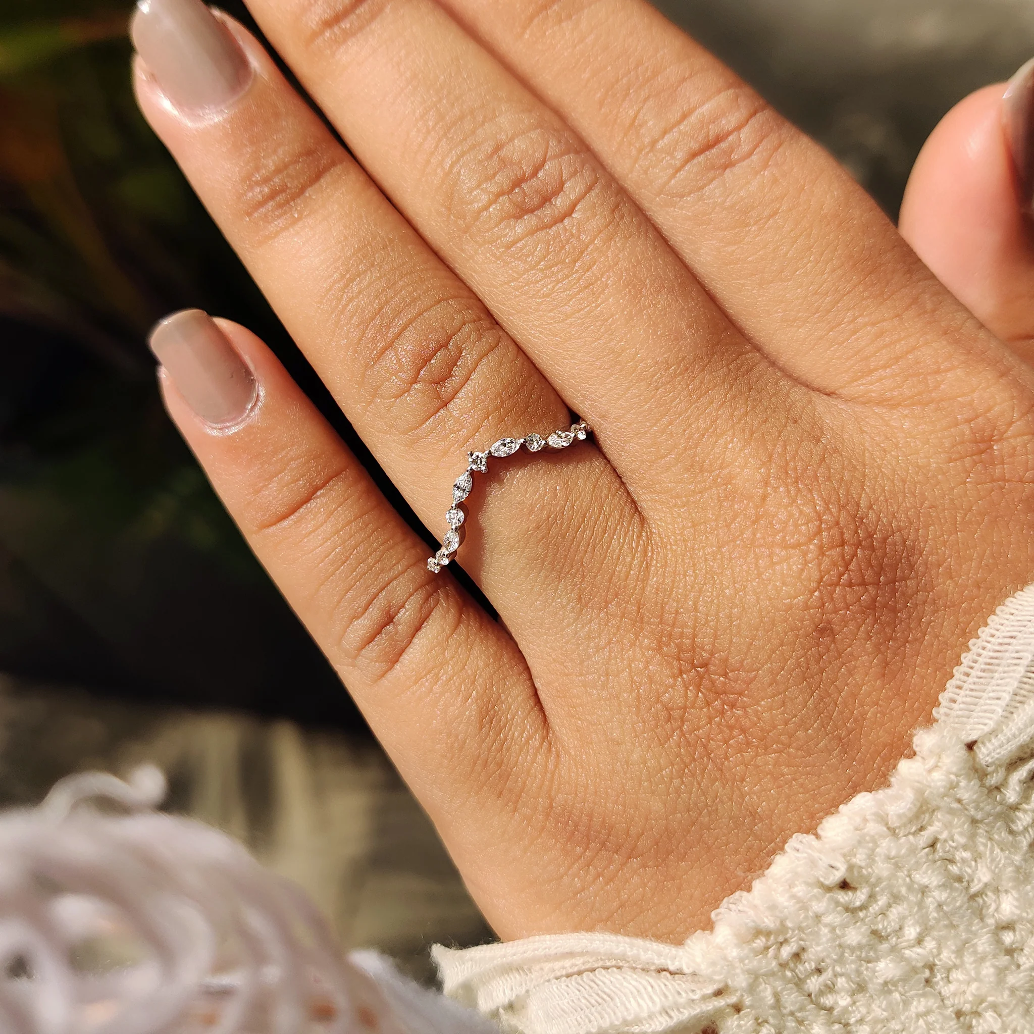 Round and Marquise Diamond Curved Wedding Band - Image 6
