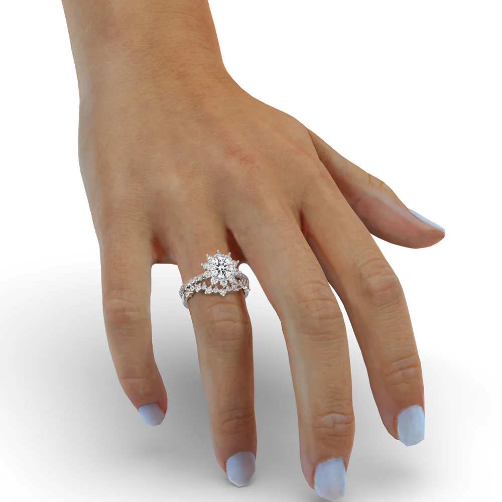 Round Brilliant Cut Diamond with Chevron Wedding Ring - Image 3