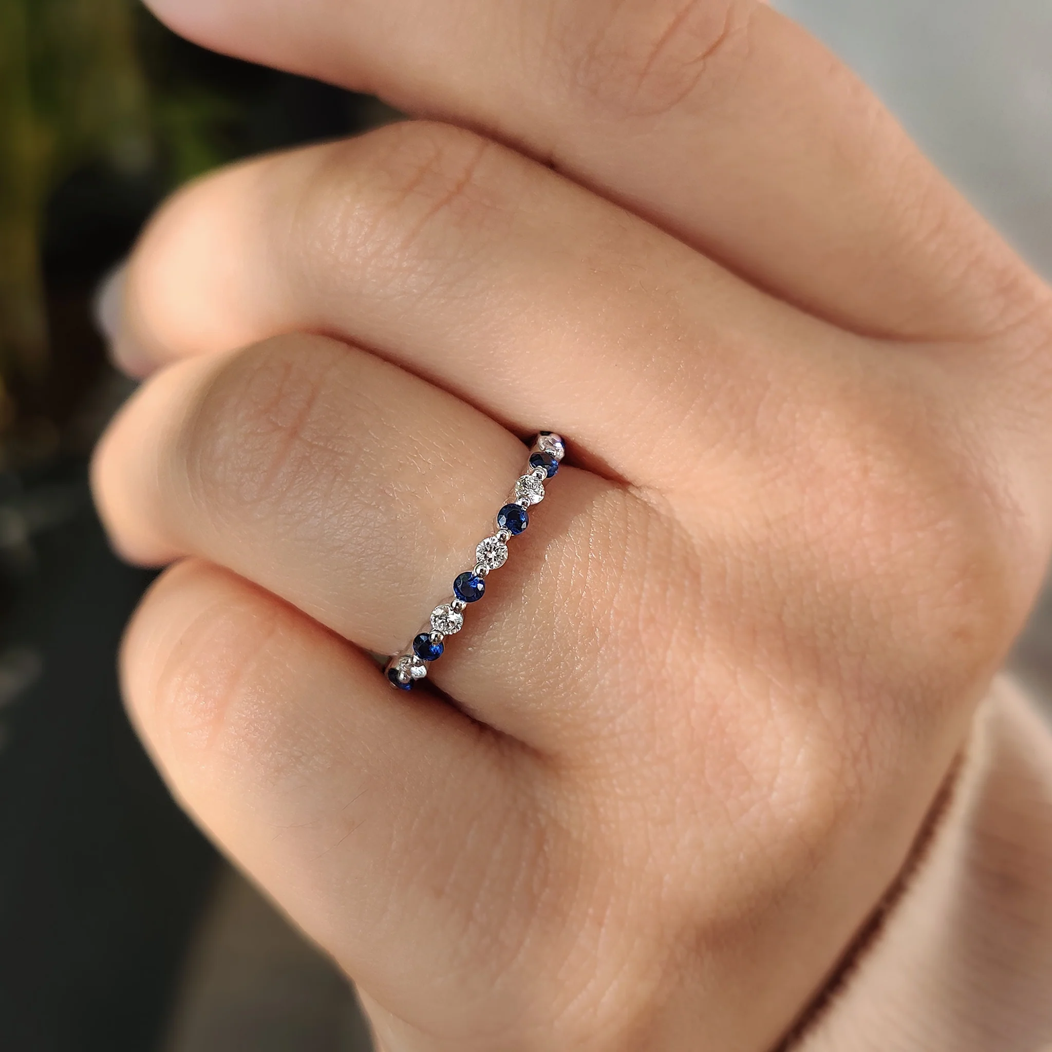 Round Cut Blue Diamond and Blue Sapphire Eternity Band - Image 6