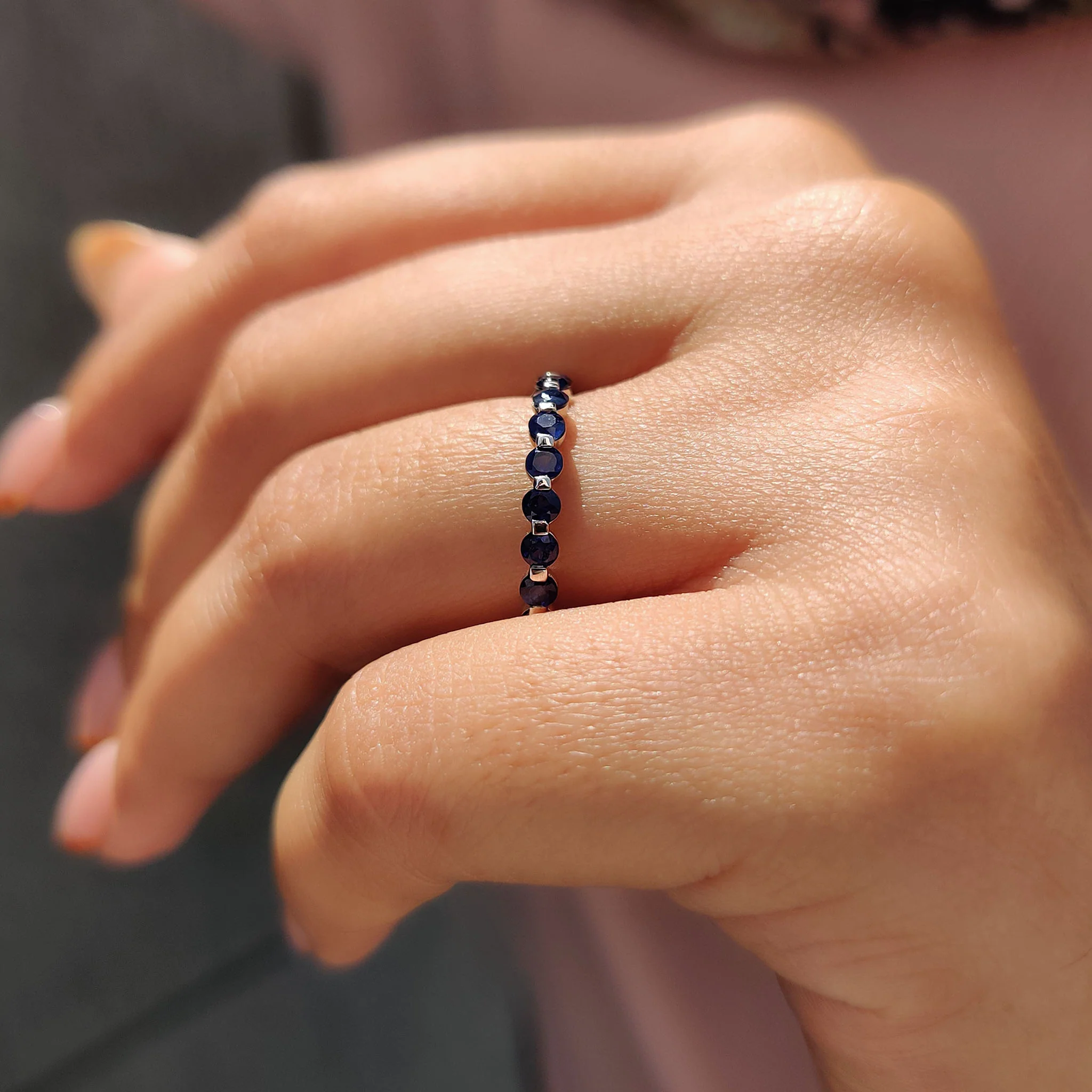 Round Cut Blue Sapphire Wedding Band - Image 9