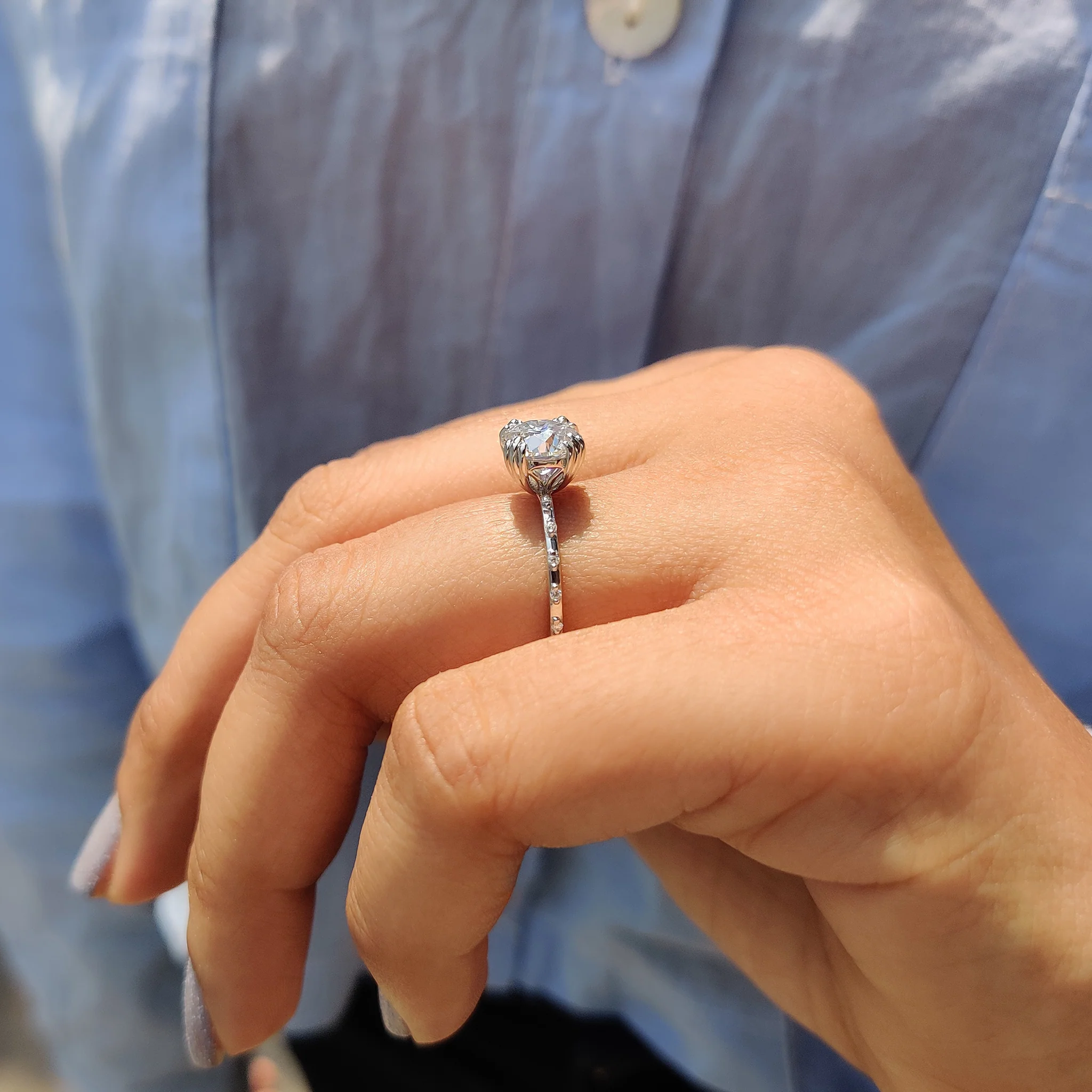 Round Cut Engagement Ring With Distance Pave Band - Image 9