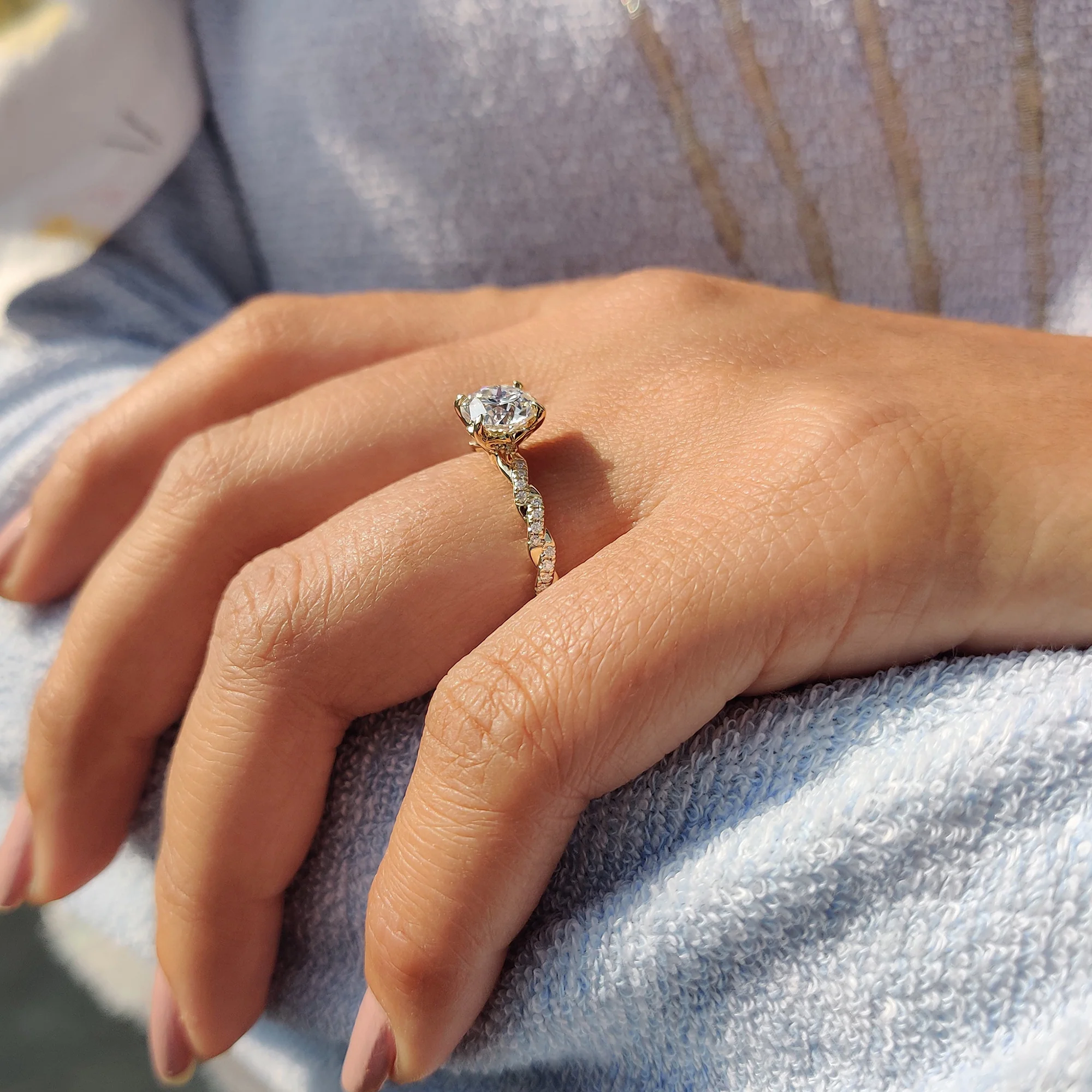 Round Cut Moissanite Engagement Ring Featuring Twisted Pave Set - Image 3