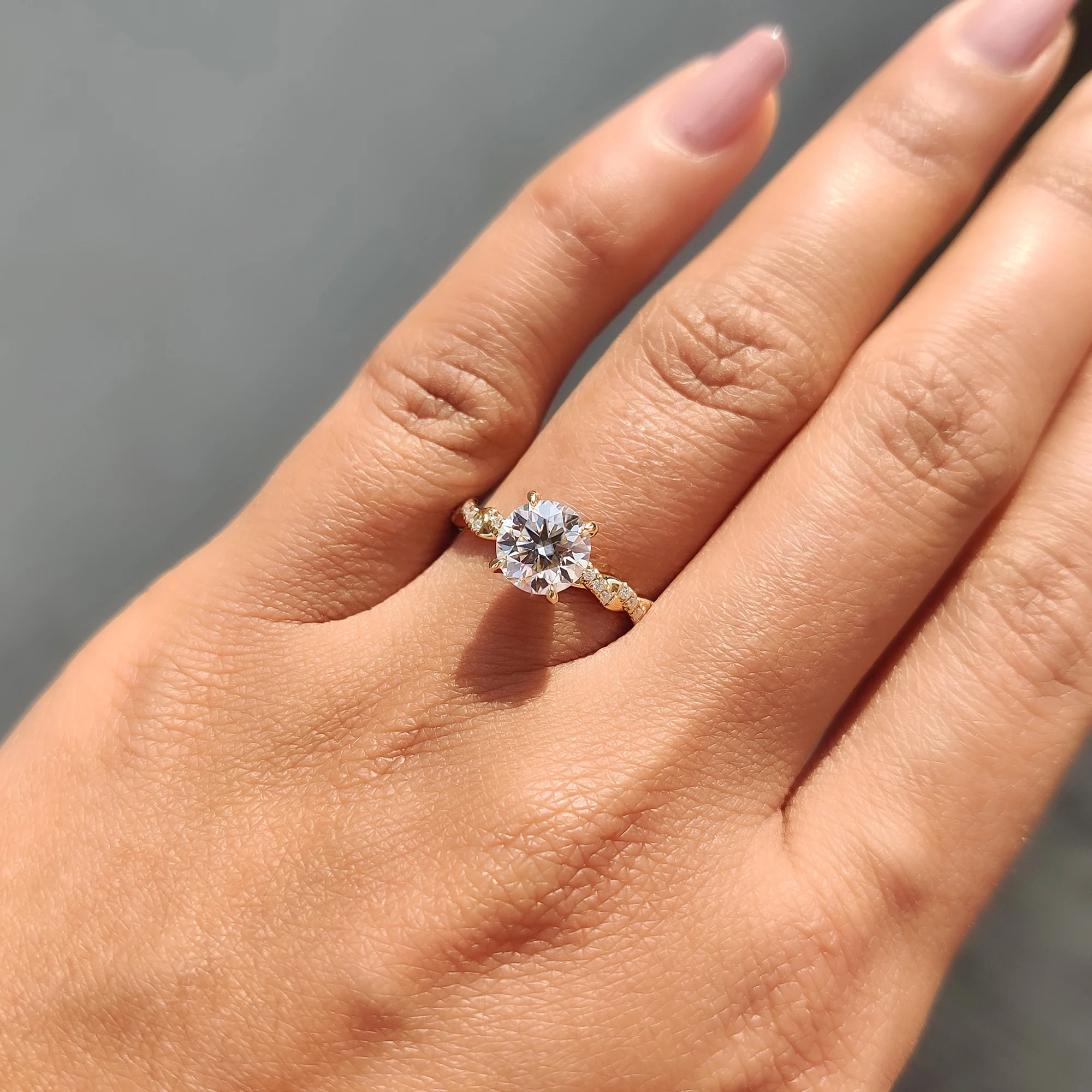 Round Cut Moissanite Engagement Ring Featuring Twisted Pave Set - Image 8