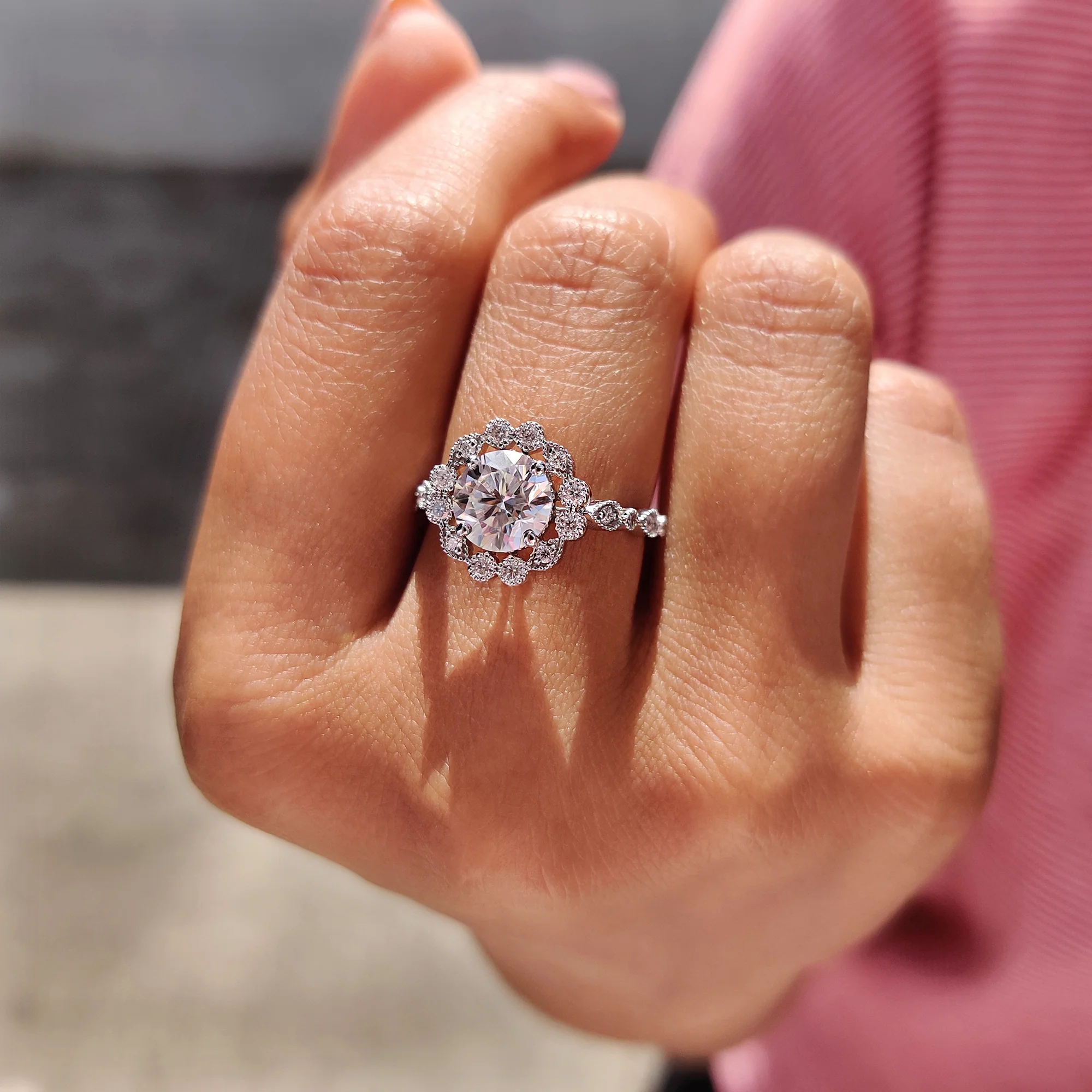 Round Cut Vintage Moissanite Ring In Halo Style - Image 7