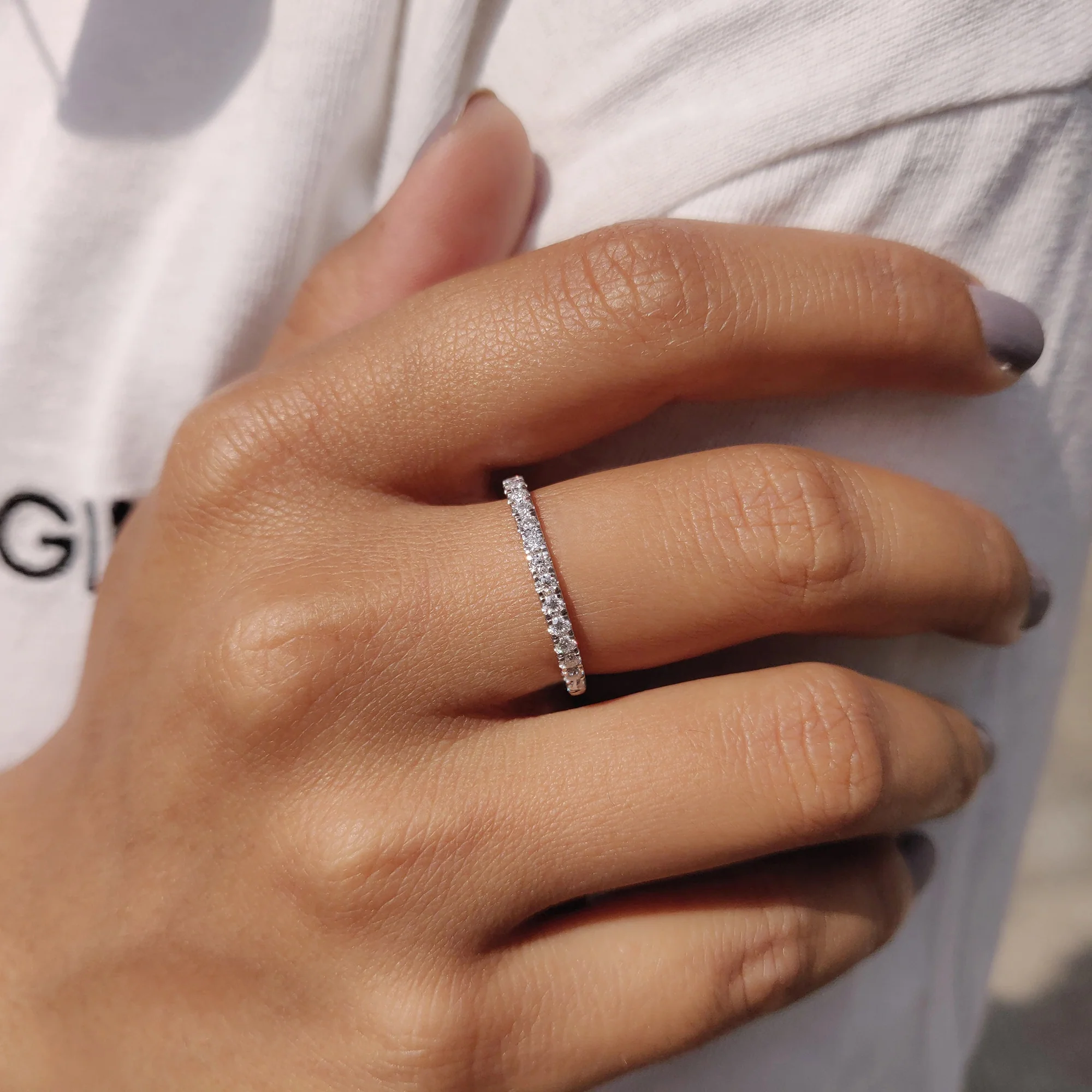 Round Cut White Gold Moissanite Wedding Band - Image 9