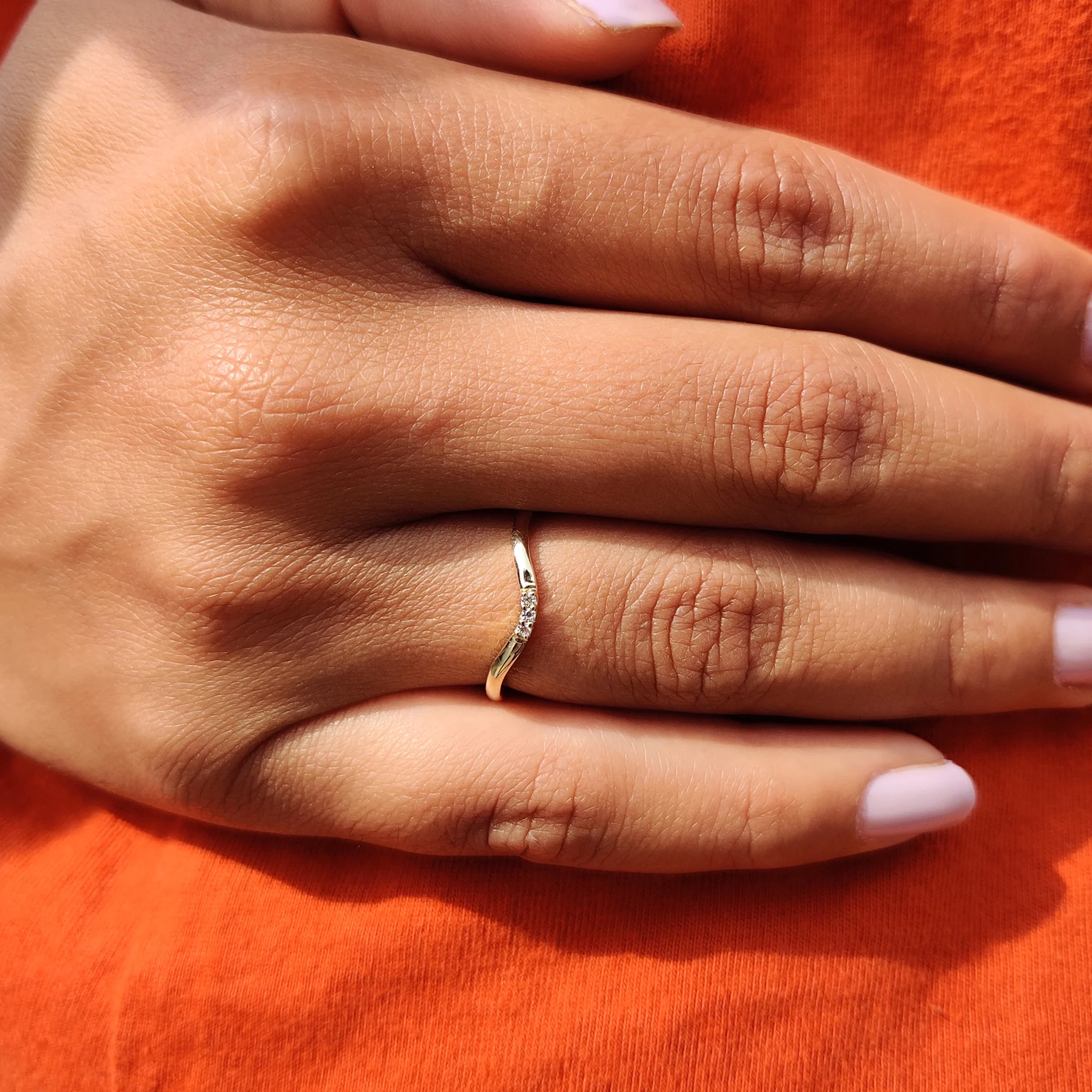 Round Cut Yellow Gold Curved Wedding Band - Image 7
