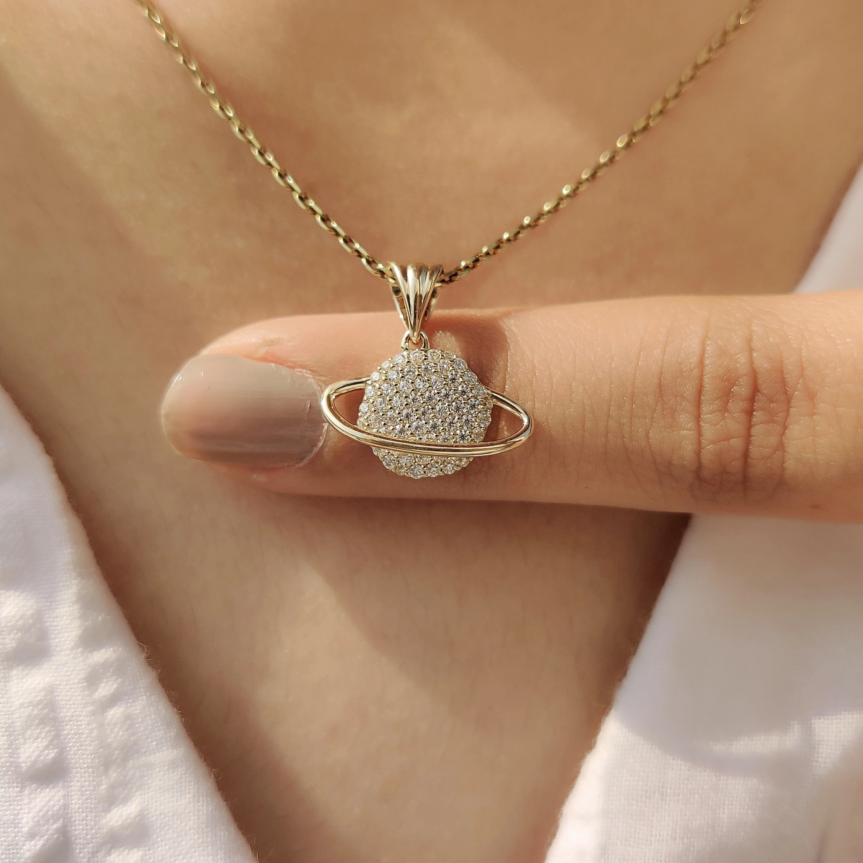 Round Diamond Gold Saturn Pendant - Image 6