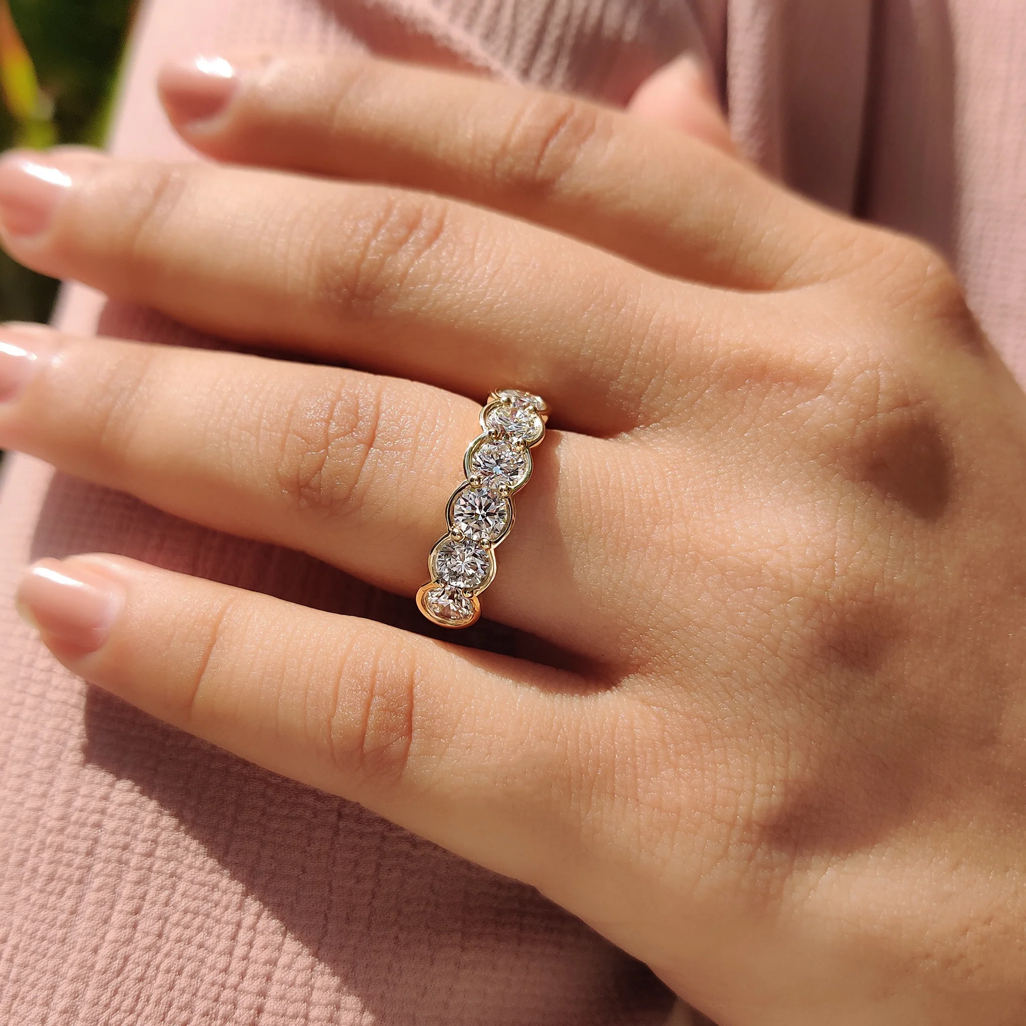 Round Diamond Wedding Band In Half Bezel Setting - Image 5