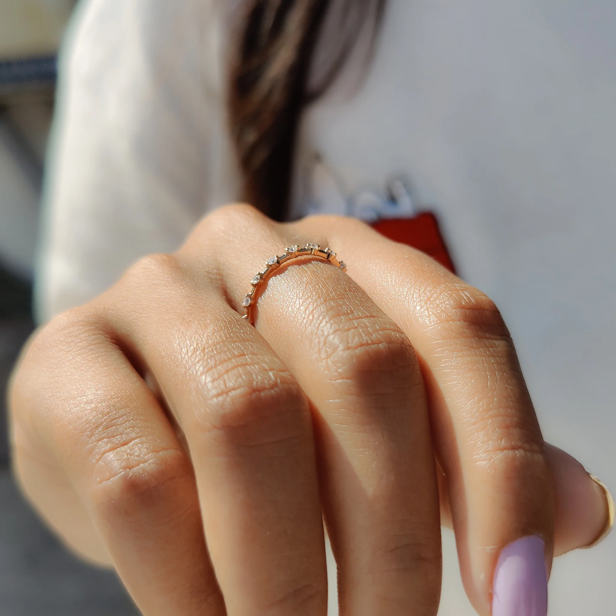 Round Moissanite Rose Gold Wedding Band - Image 5