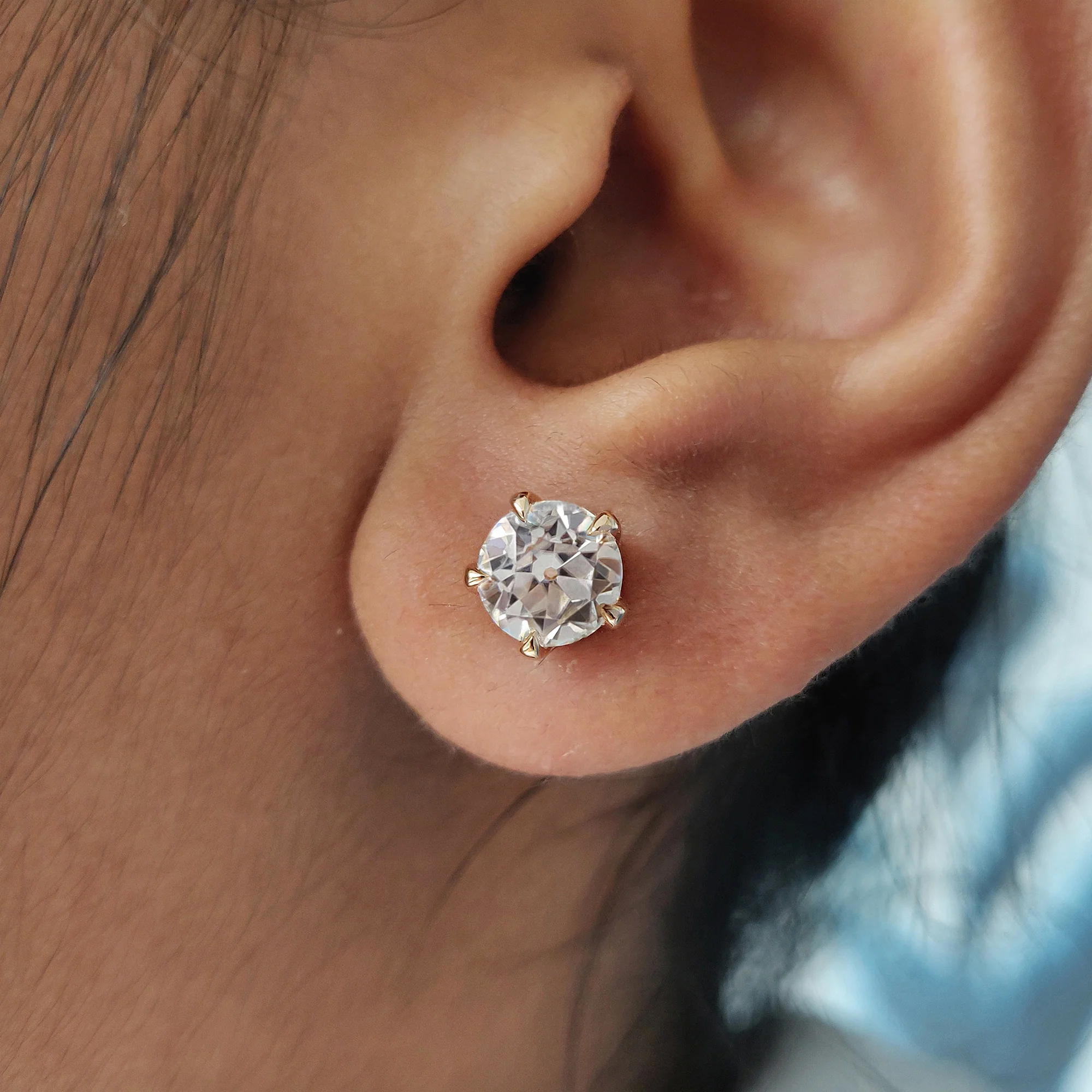Round Old European Cut Stud Earrings In Screw Back - Image 5