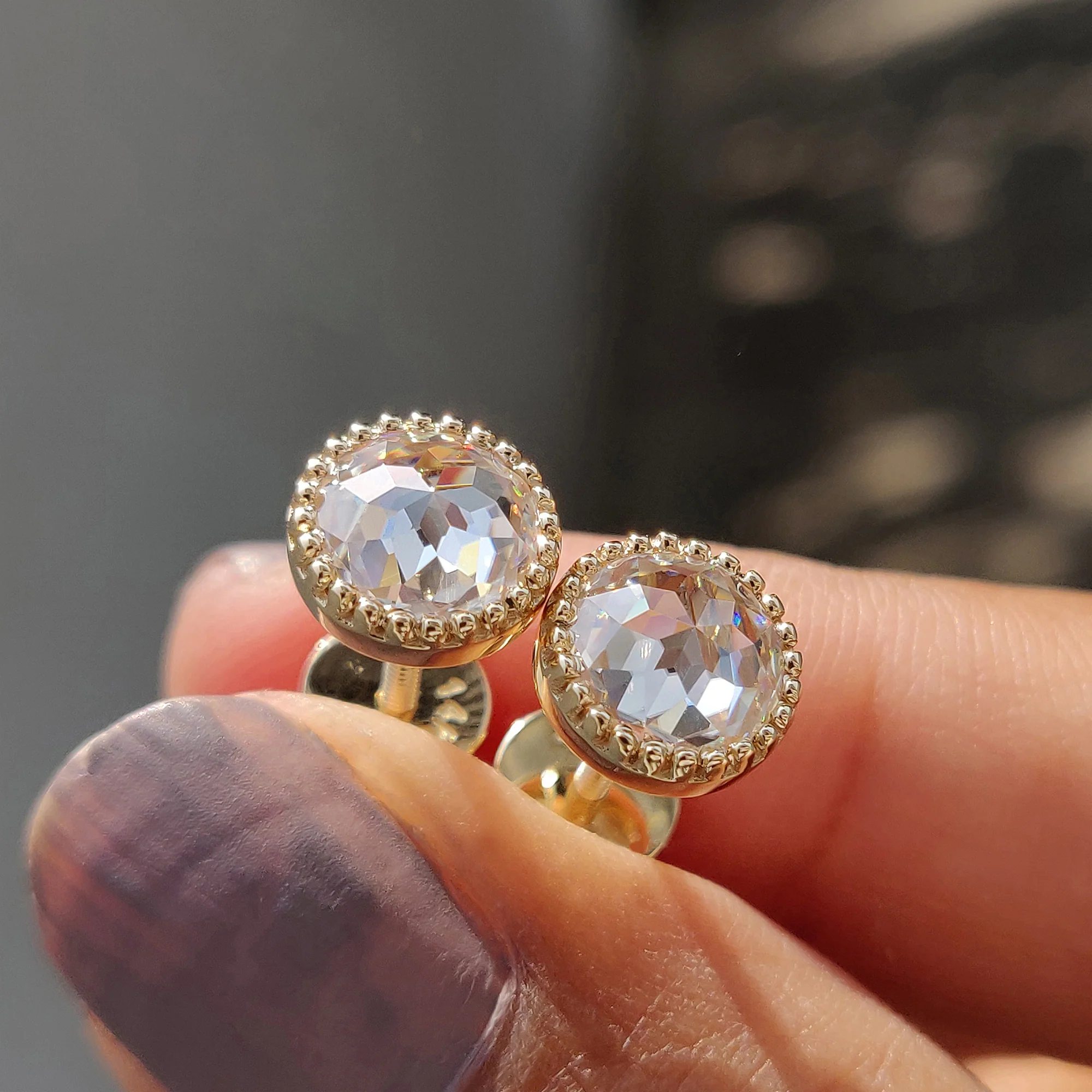 Round Rose Cut Moissanite Earrings In Milgrain Setting - Image 7