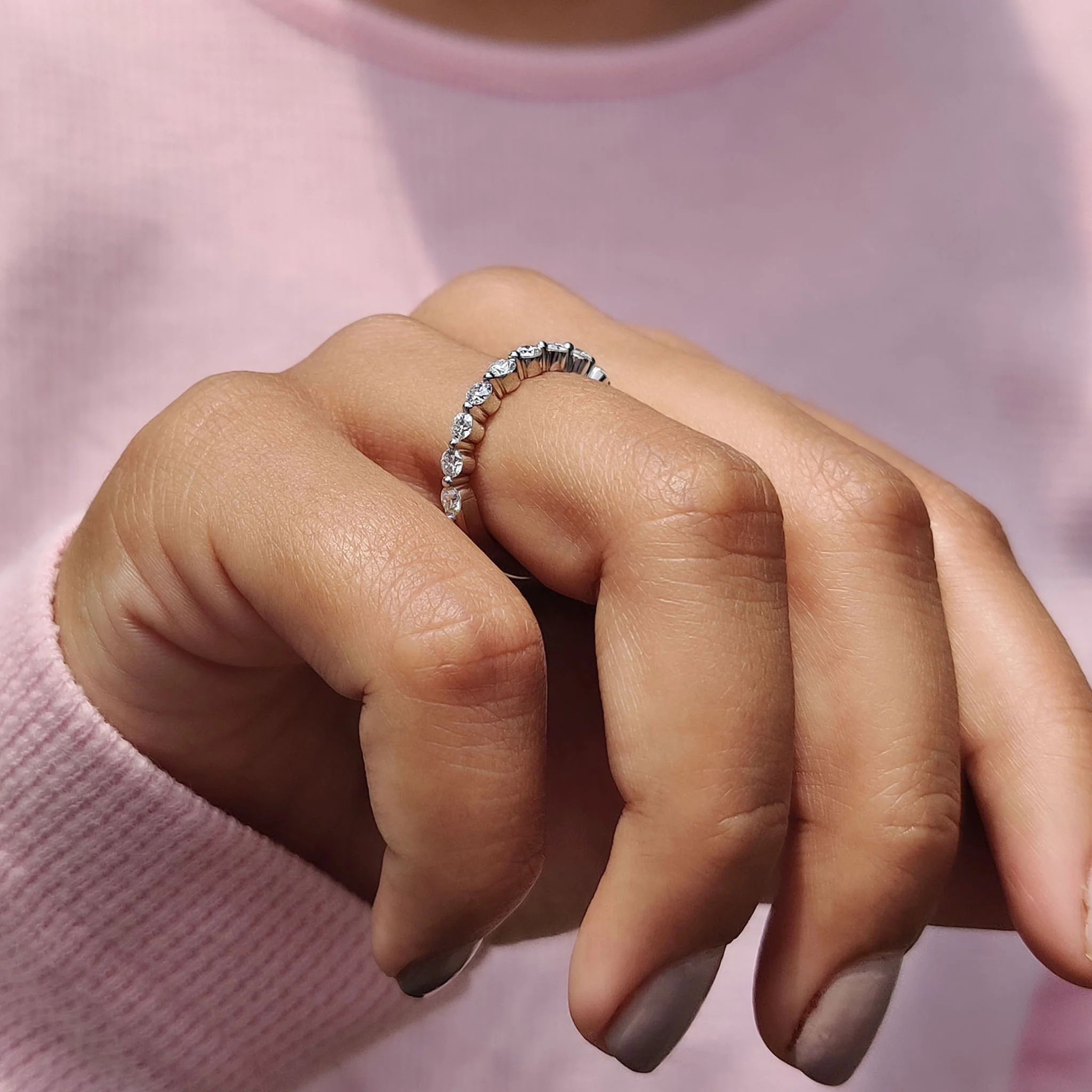 Round Stone Wedding Band In Half Eternity Style - Image 7