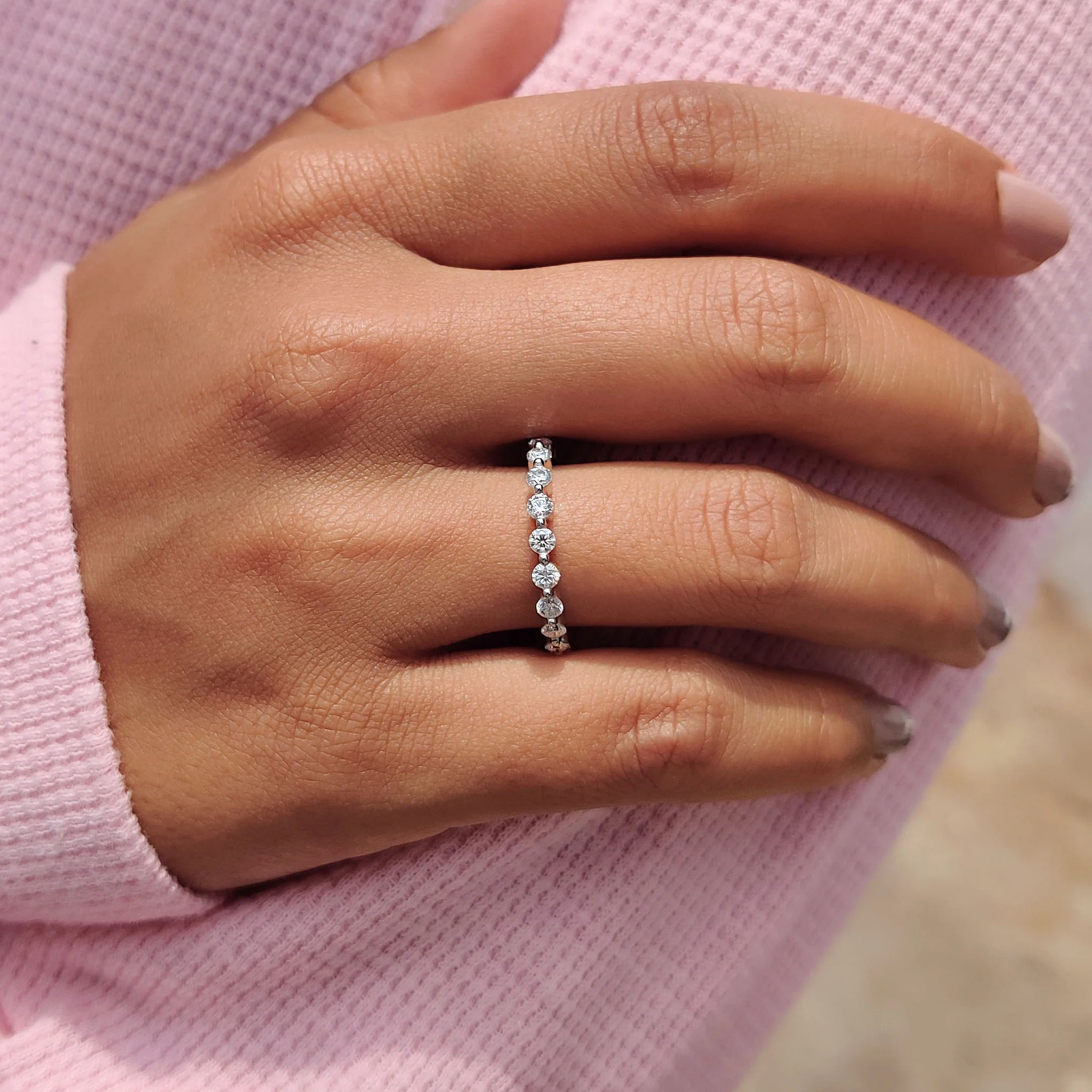 Round Stone Wedding Band In Half Eternity Style - Image 9