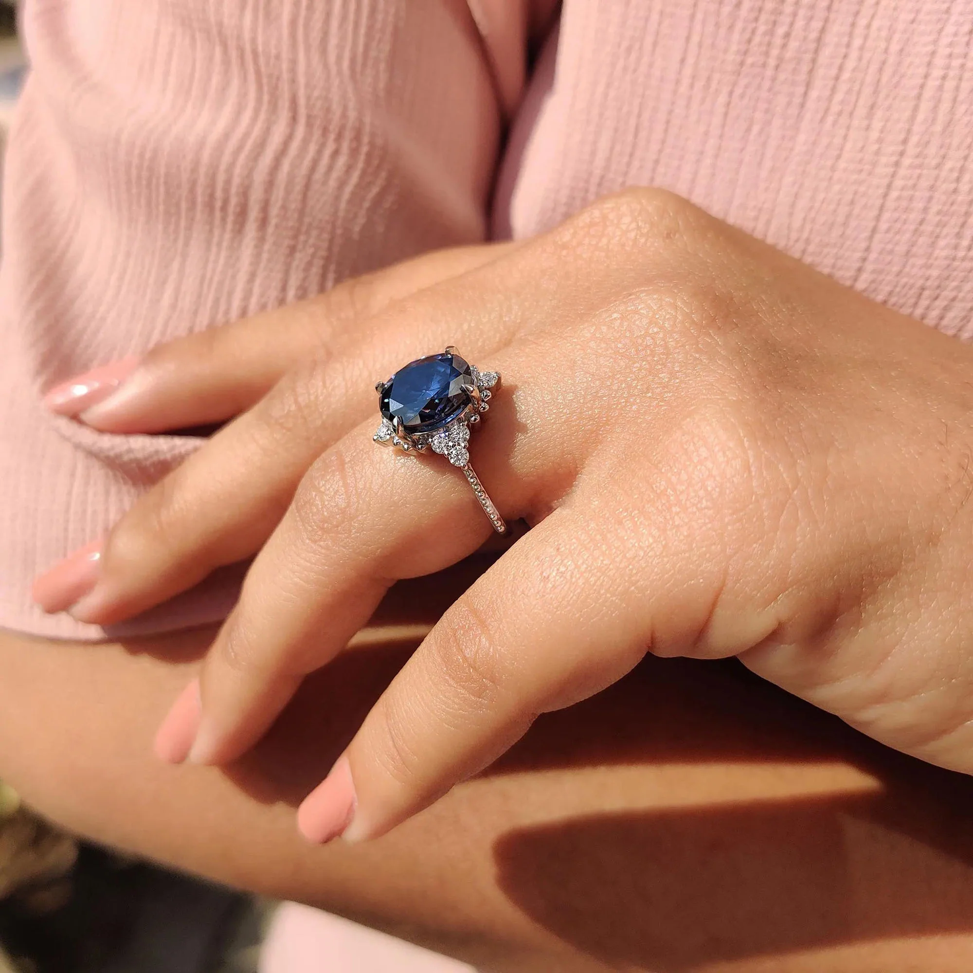Royal Blue Oval Milgrain Engagement Ring - Image 8