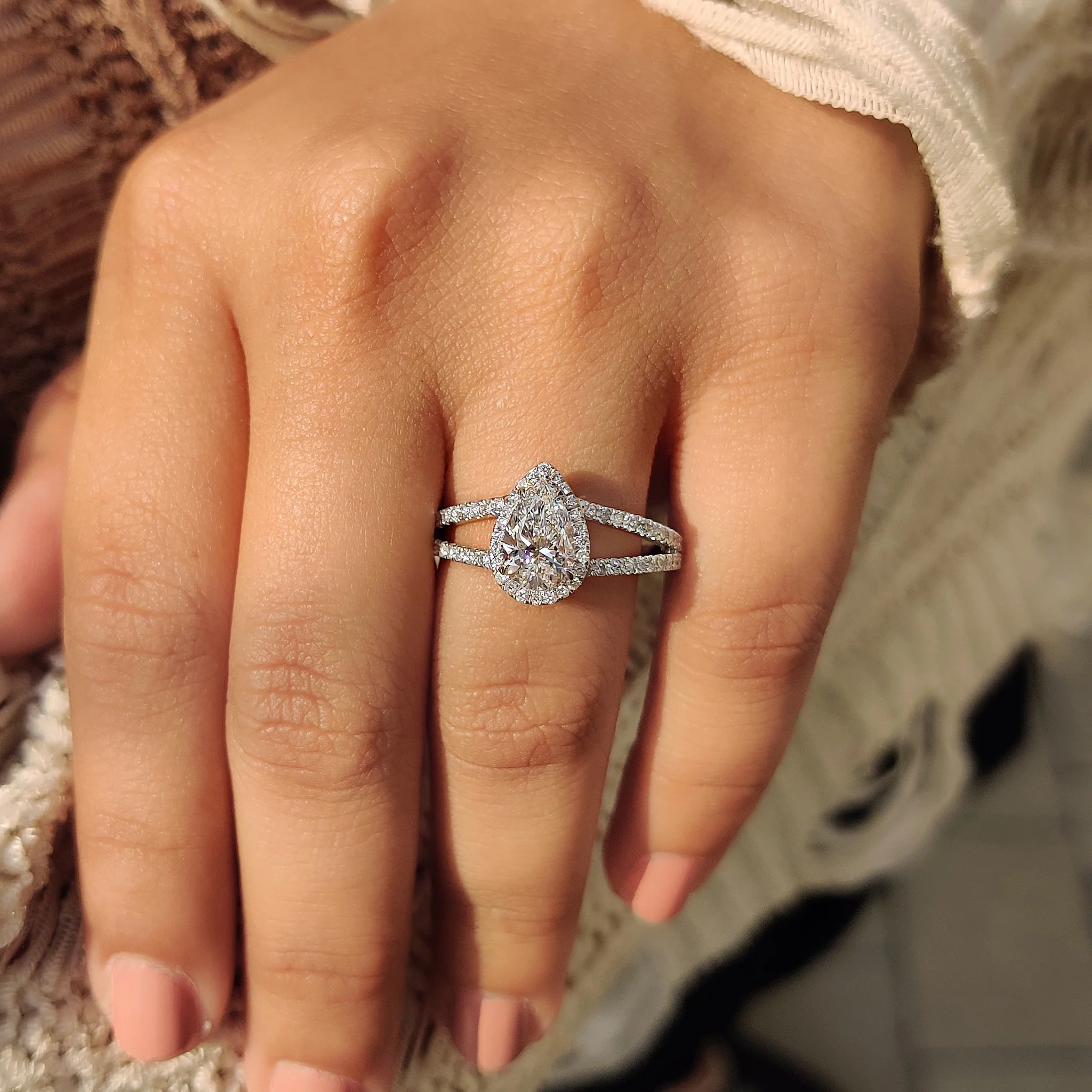 Pear Cut Split Shank Diamond Ring With Cathedral Setting - Image 4