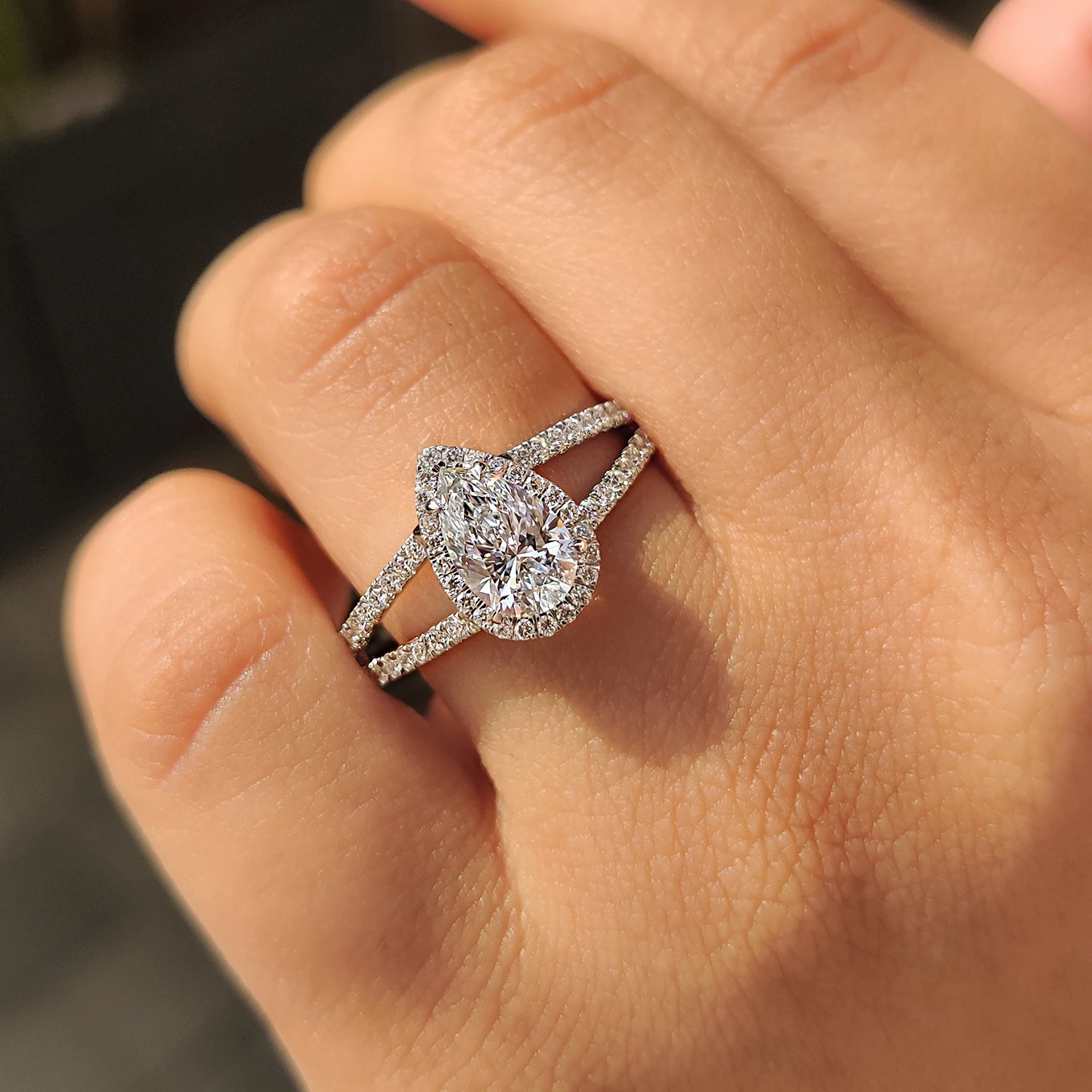 Pear Cut Split Shank Diamond Ring With Cathedral Setting - Image 5