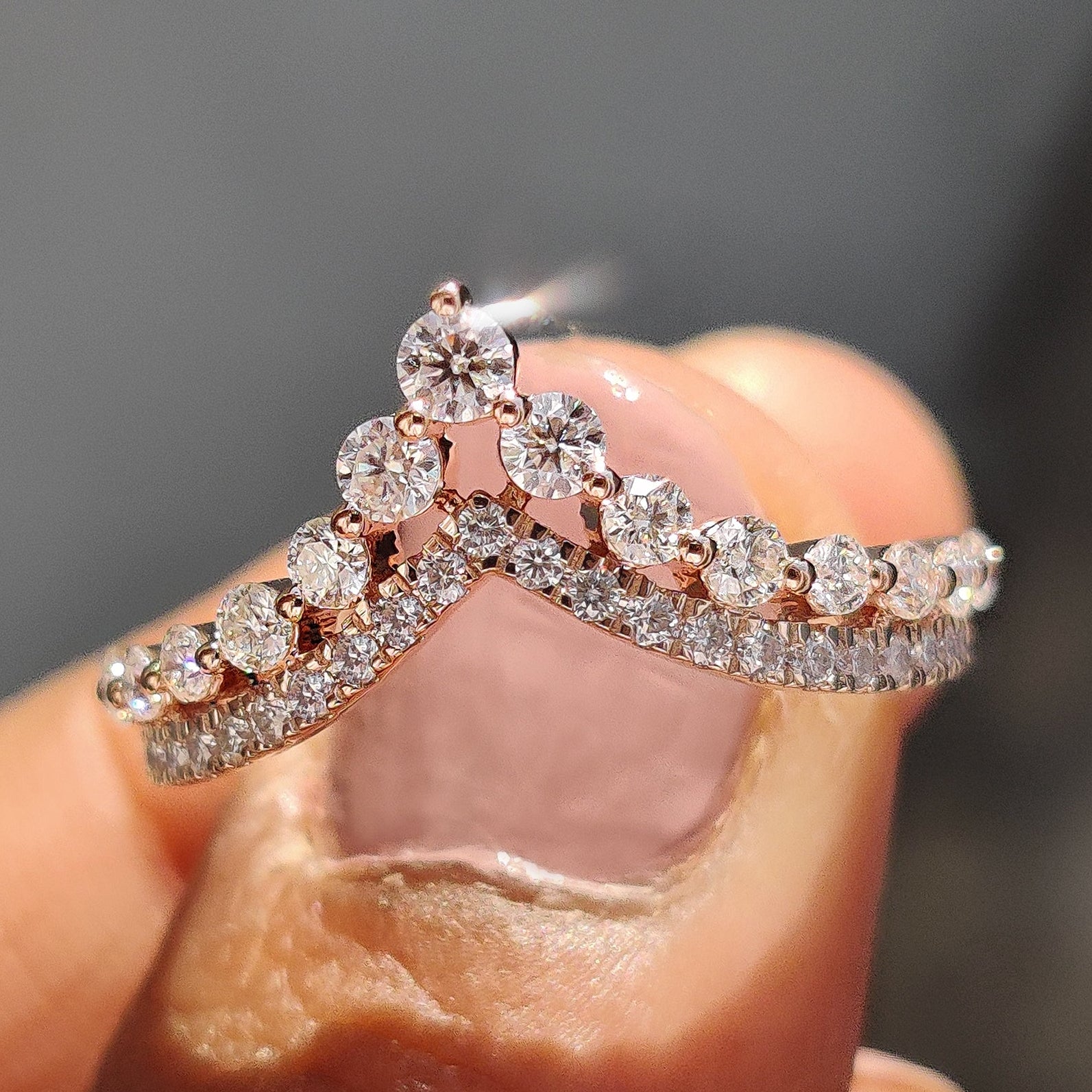 Round Cut Stackable Wedding Band In Double Row Chevron Style