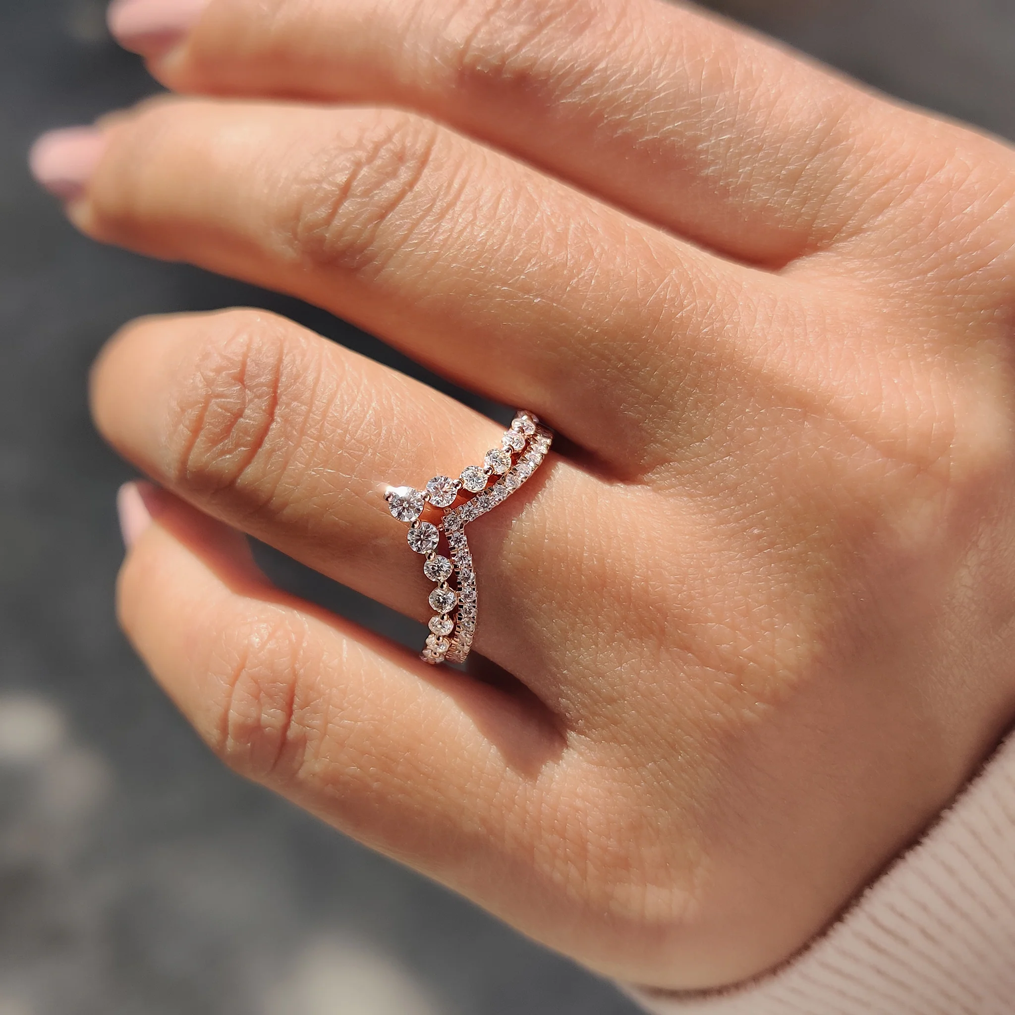 Round Cut Stackable Wedding Band In Double Row Chevron Style - Image 2