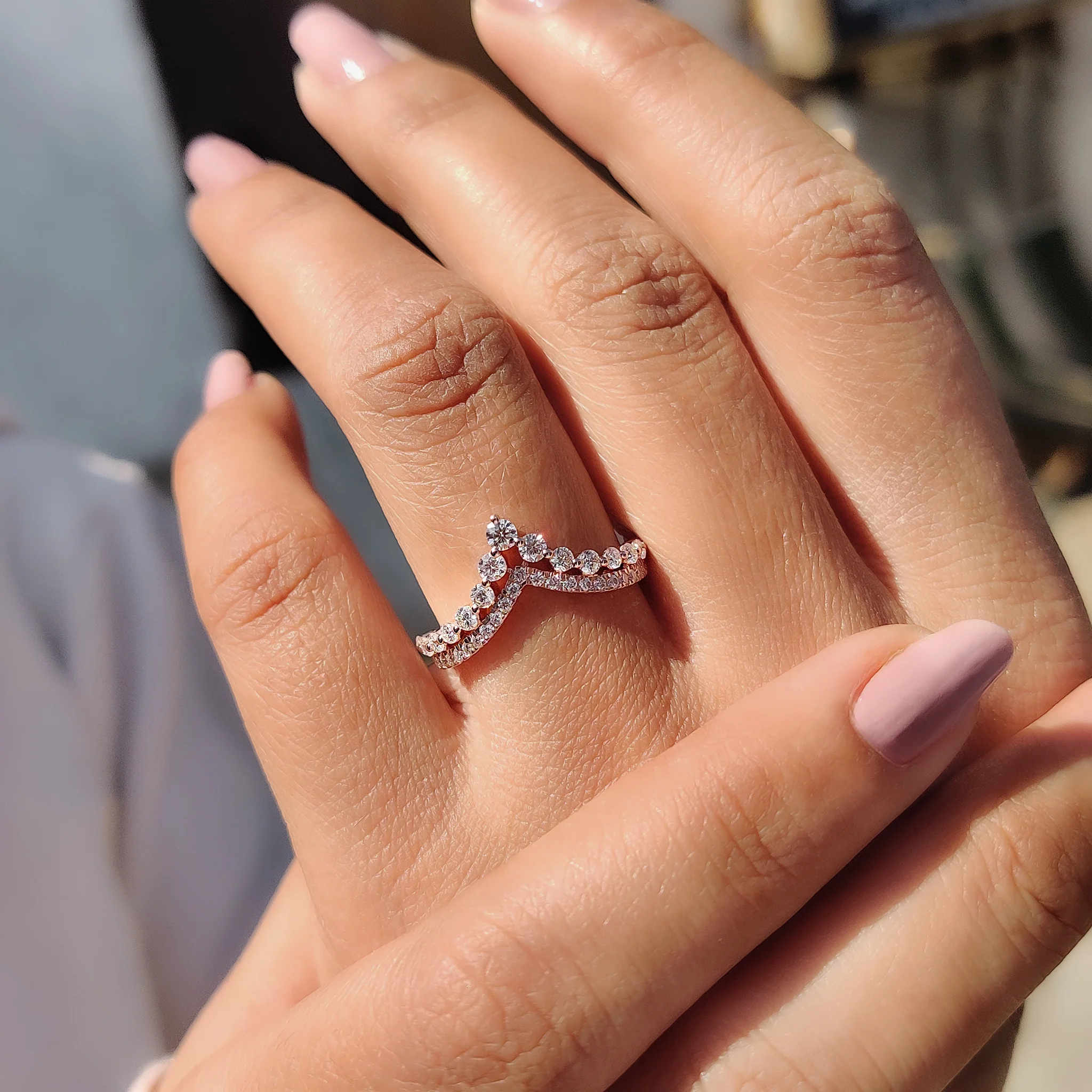Round Cut Stackable Wedding Band In Double Row Chevron Style - Image 6