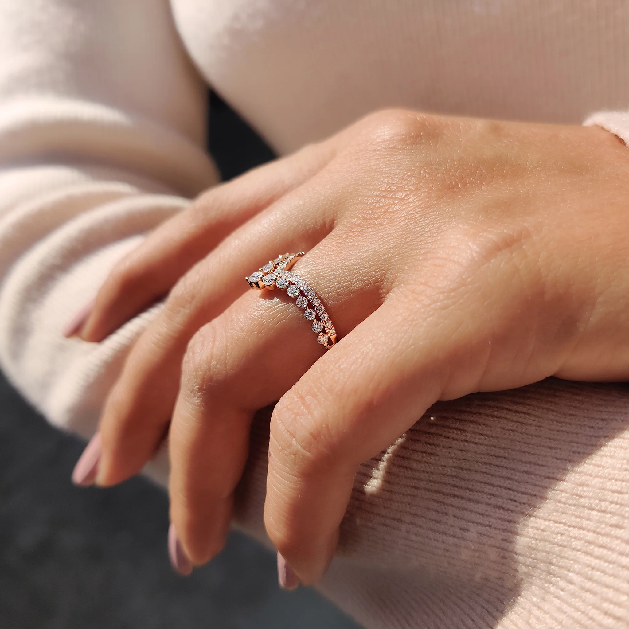 Round Cut Stackable Wedding Band In Double Row Chevron Style - Image 8