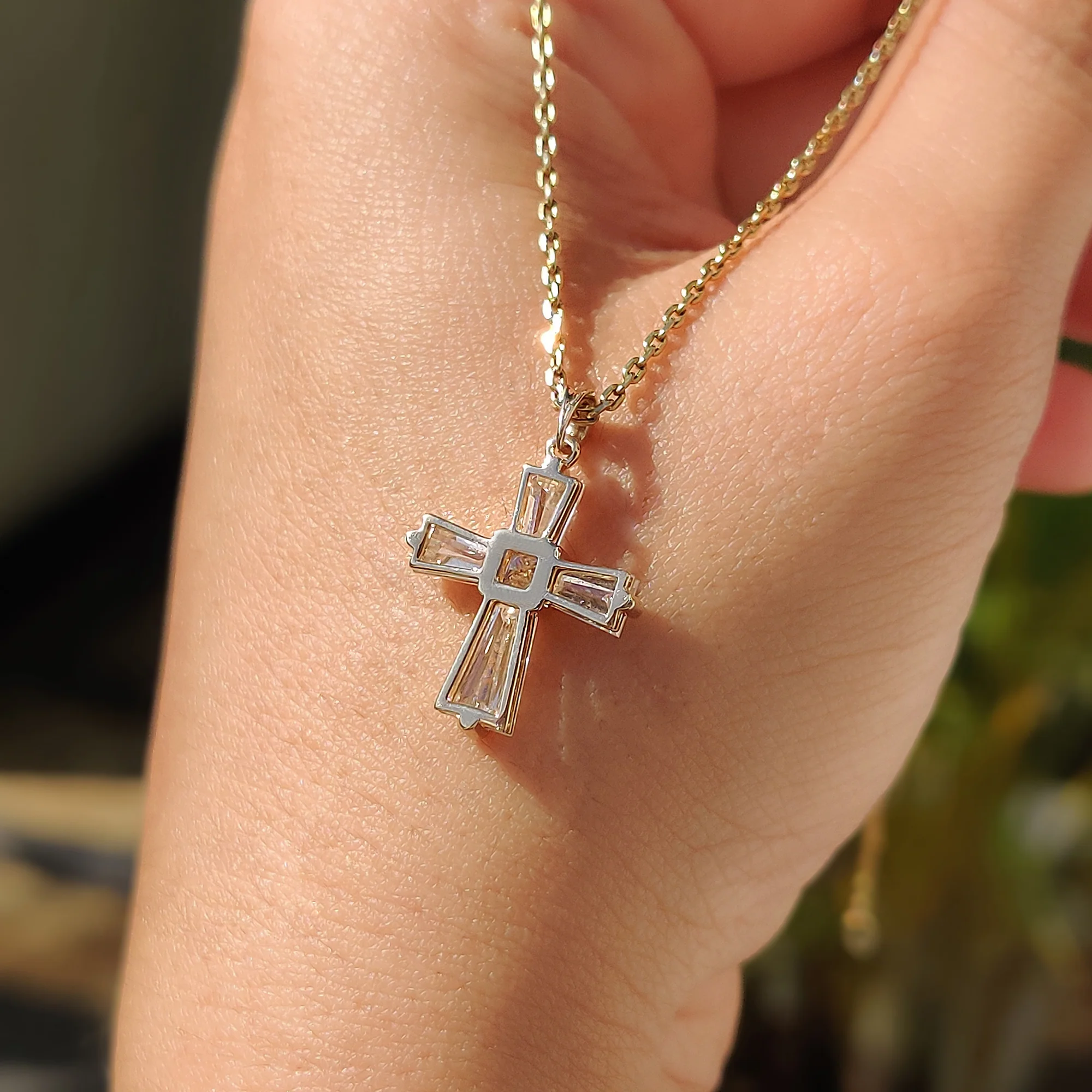 Tapered Baguette Moissanite Gold Cross Pendant - Image 10
