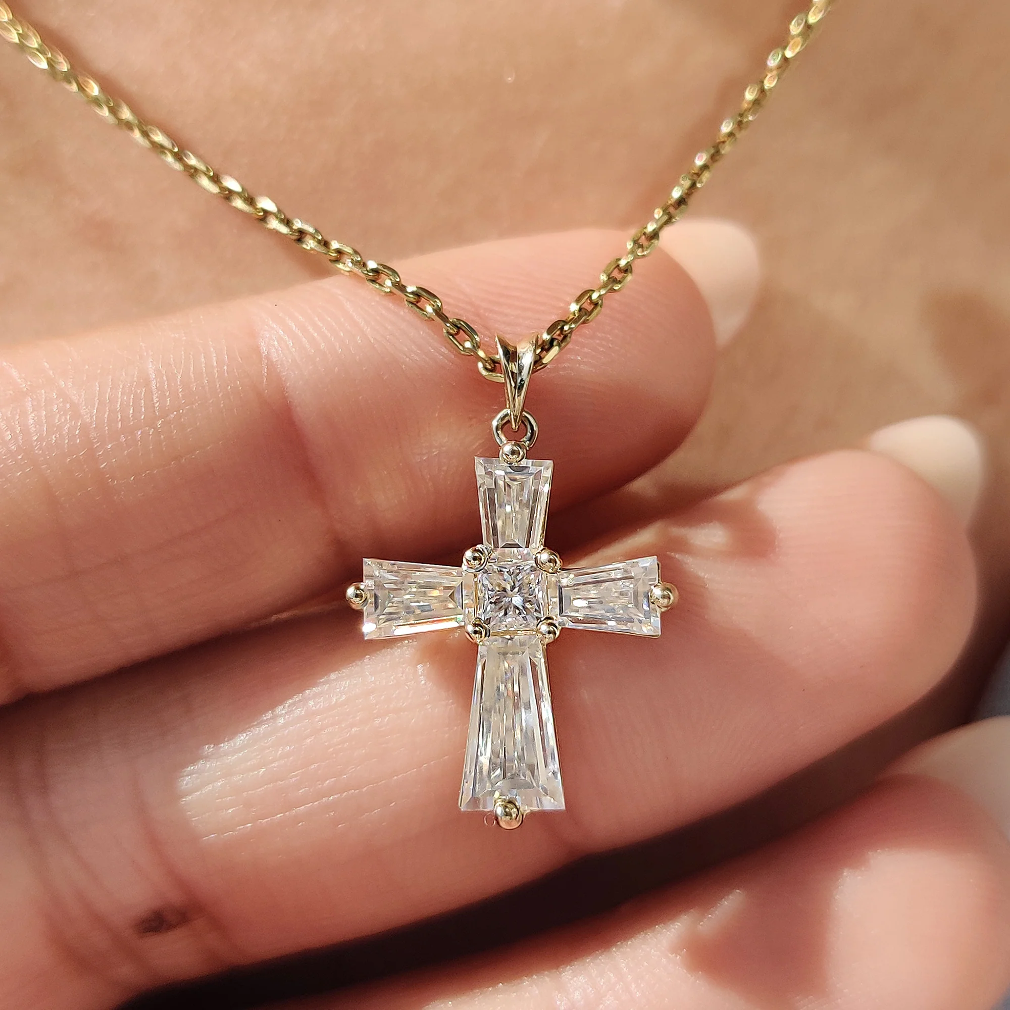 Tapered Baguette Moissanite Gold Cross Pendant - Image 11