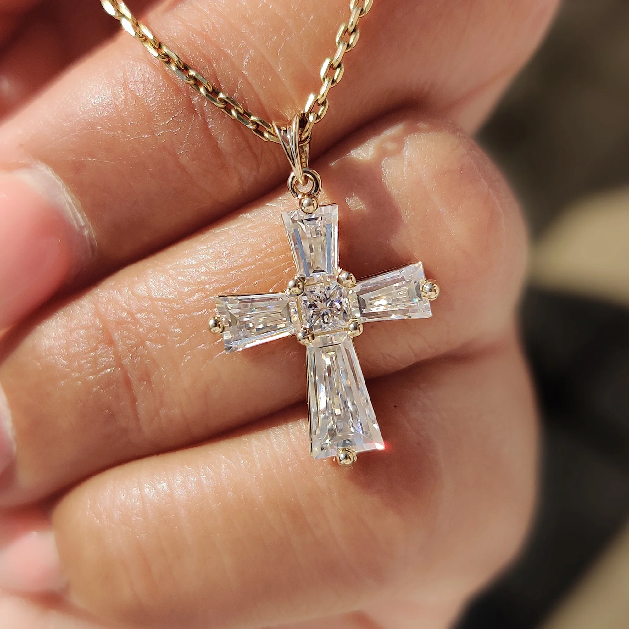 Tapered Baguette Moissanite Gold Cross Pendant - Image 5