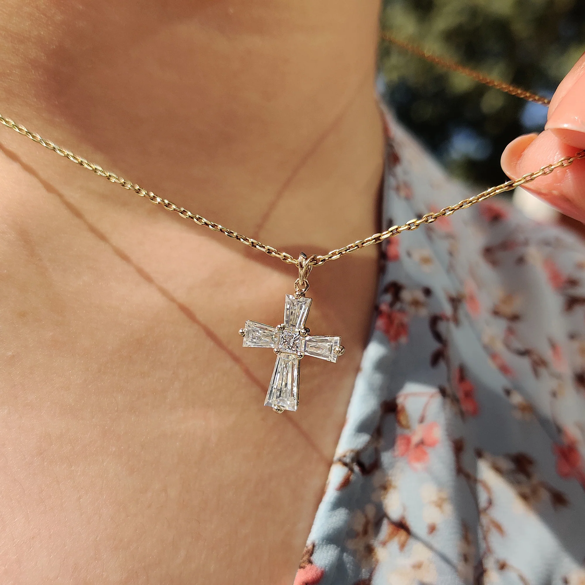 Tapered Baguette Moissanite Gold Cross Pendant - Image 6