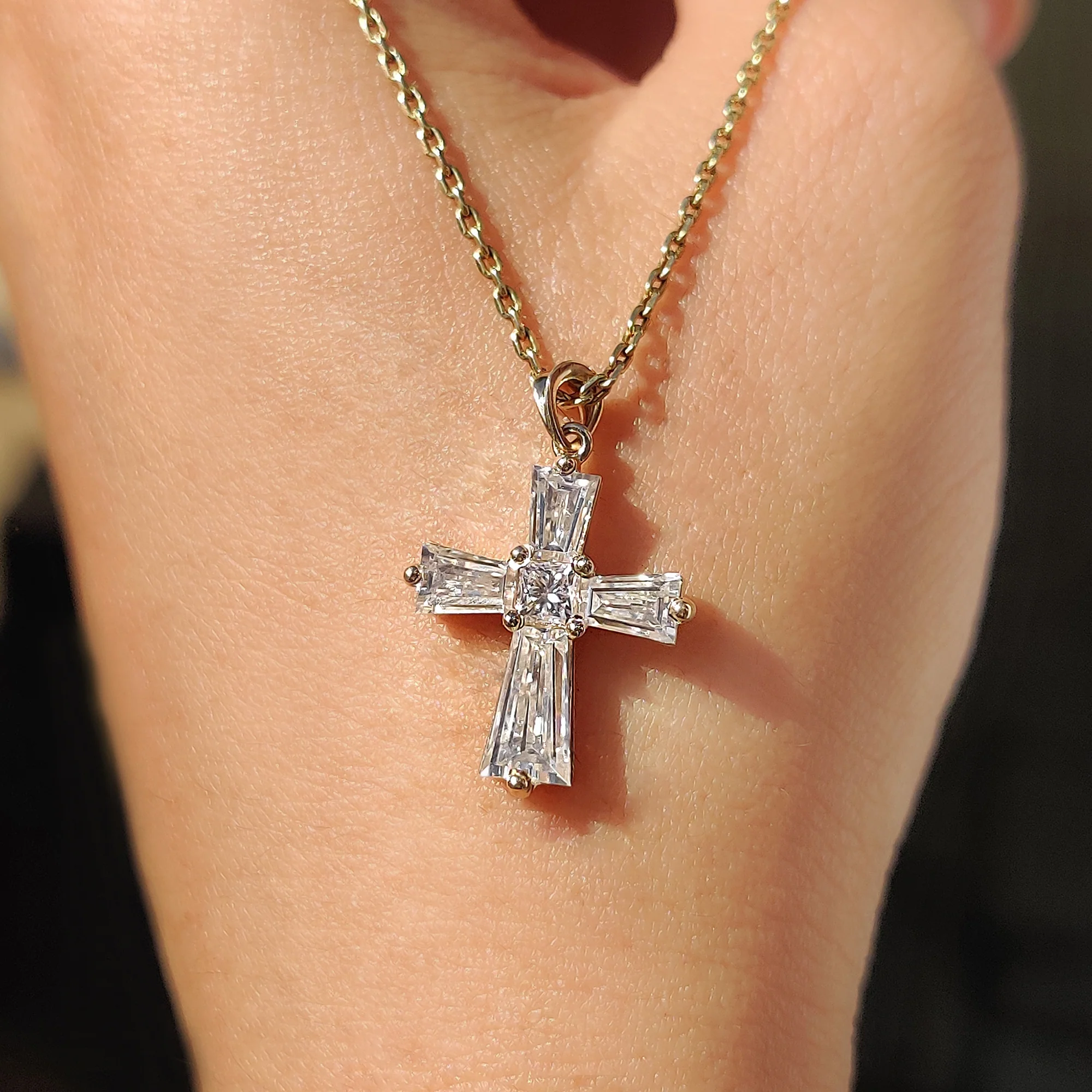 Tapered Baguette Moissanite Gold Cross Pendant - Image 9