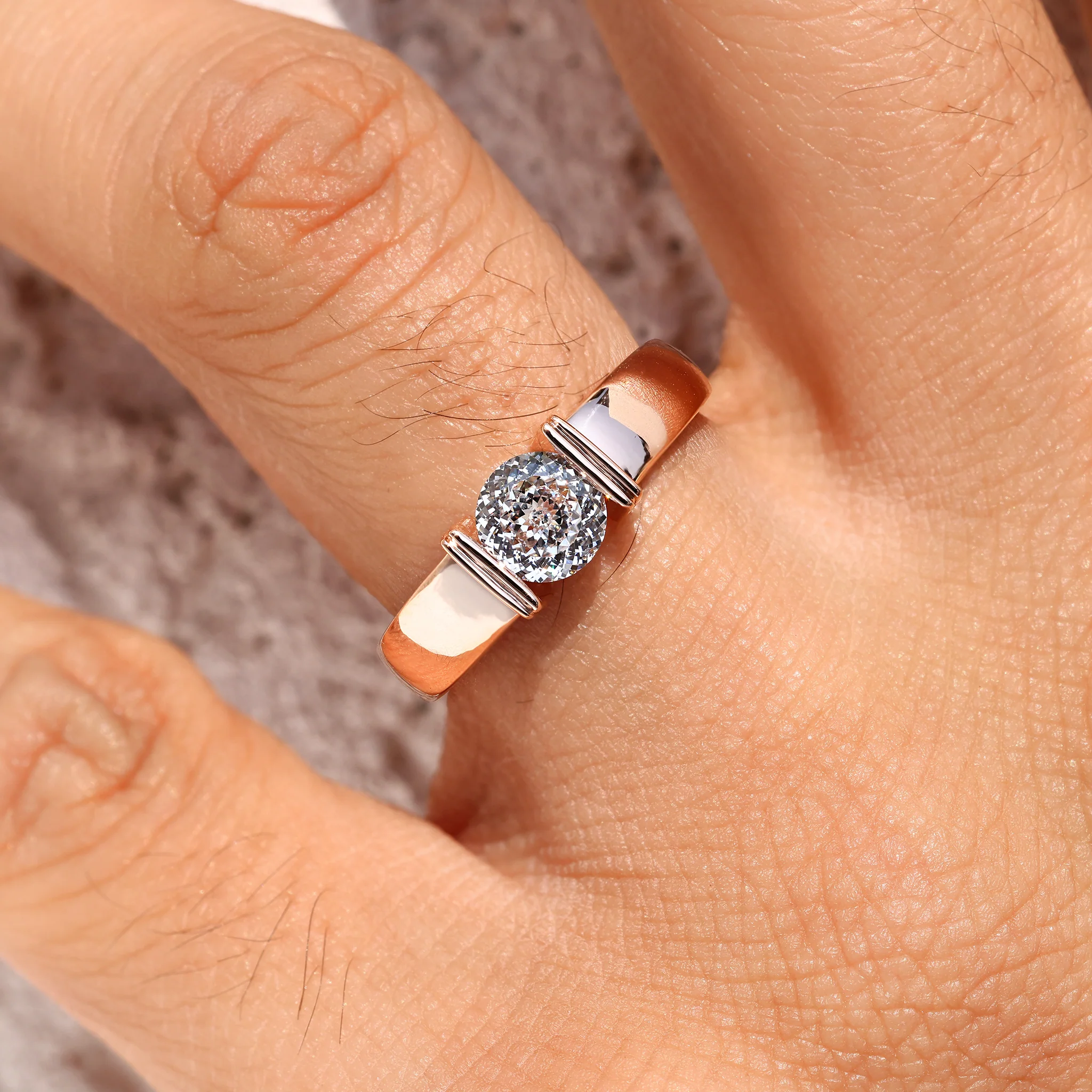 Tension Set Portuguese Cut Men's Solitaire Ring