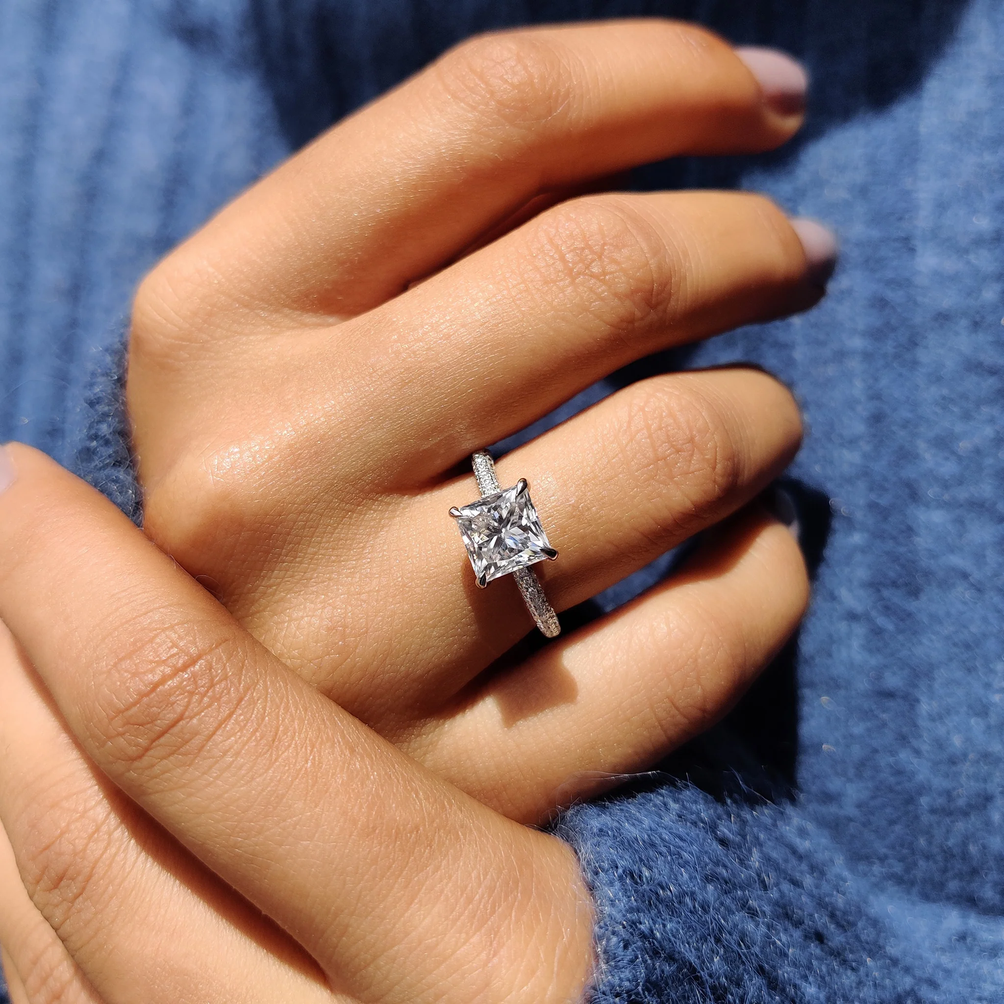 Three Side Pave Princess Cut Moissanite Ring - Image 3