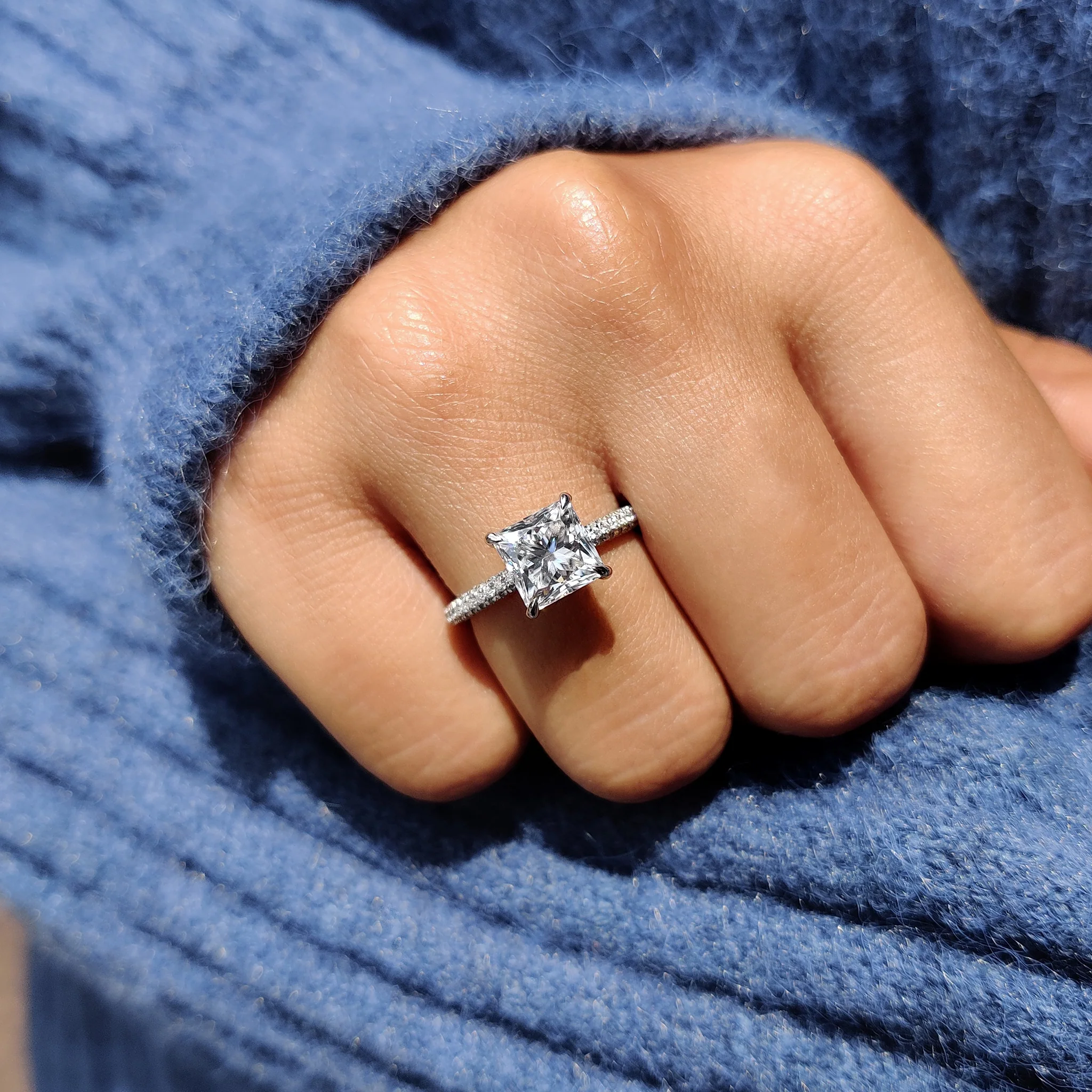 Three Side Pave Princess Cut Moissanite Ring - Image 4