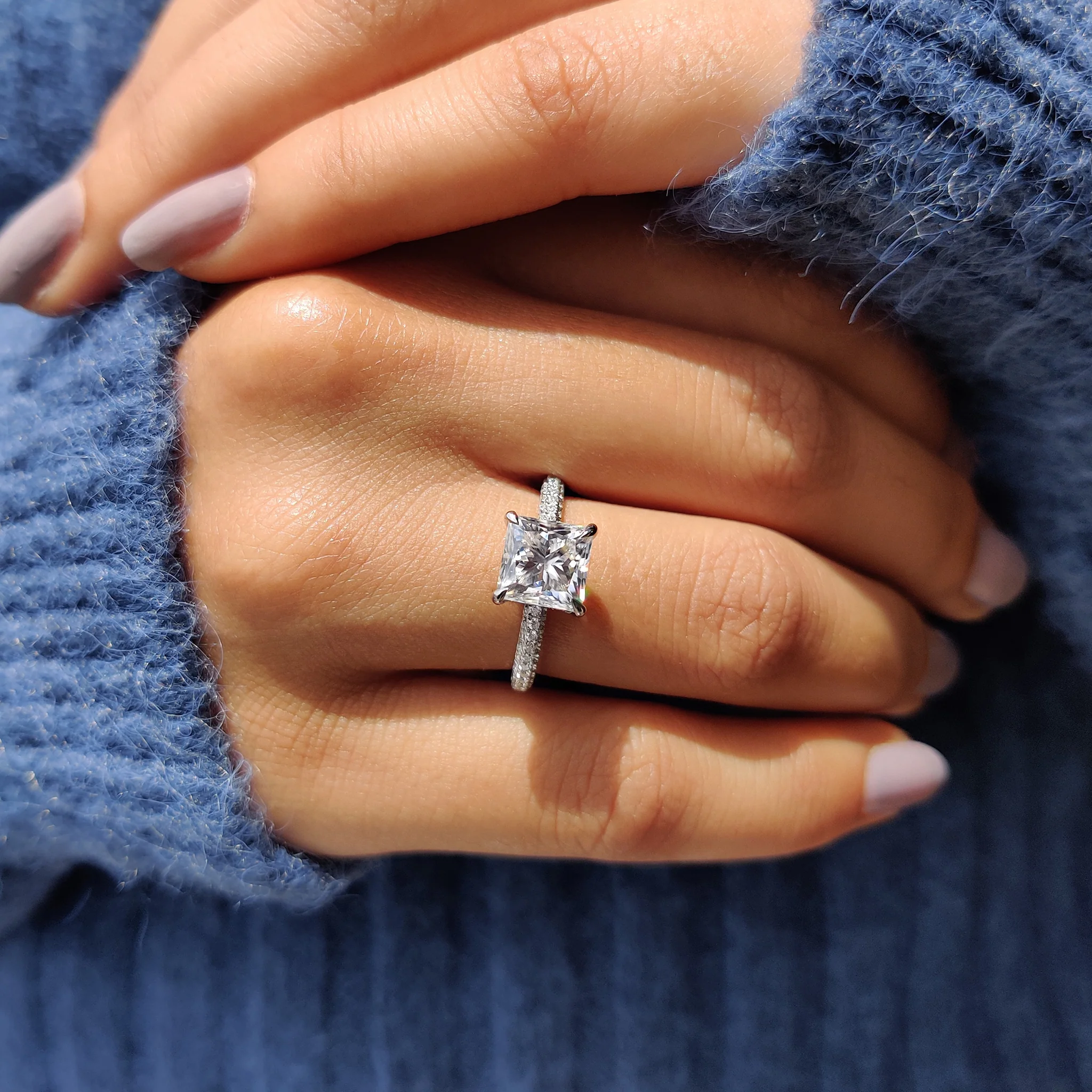 Three Side Pave Princess Cut Moissanite Ring - Image 5
