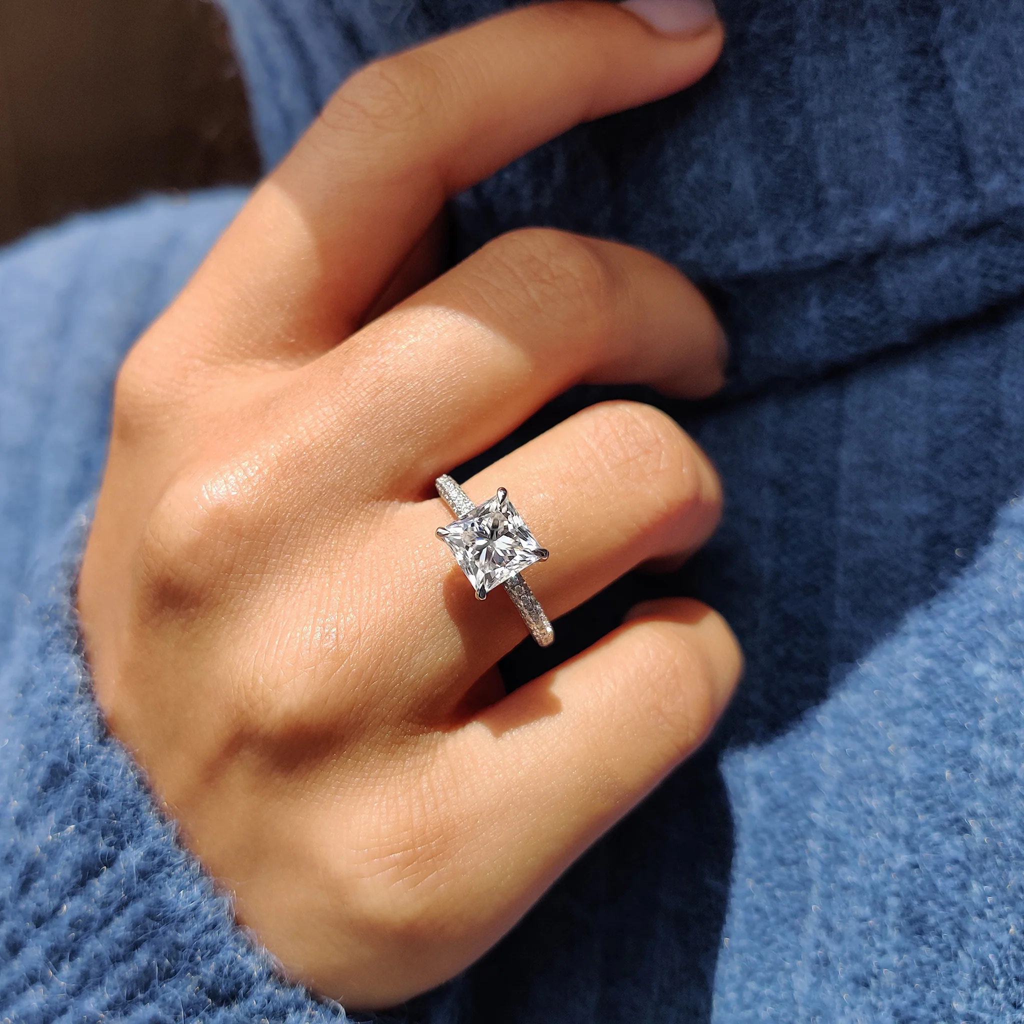Three Side Pave Princess Cut Moissanite Ring - Image 7