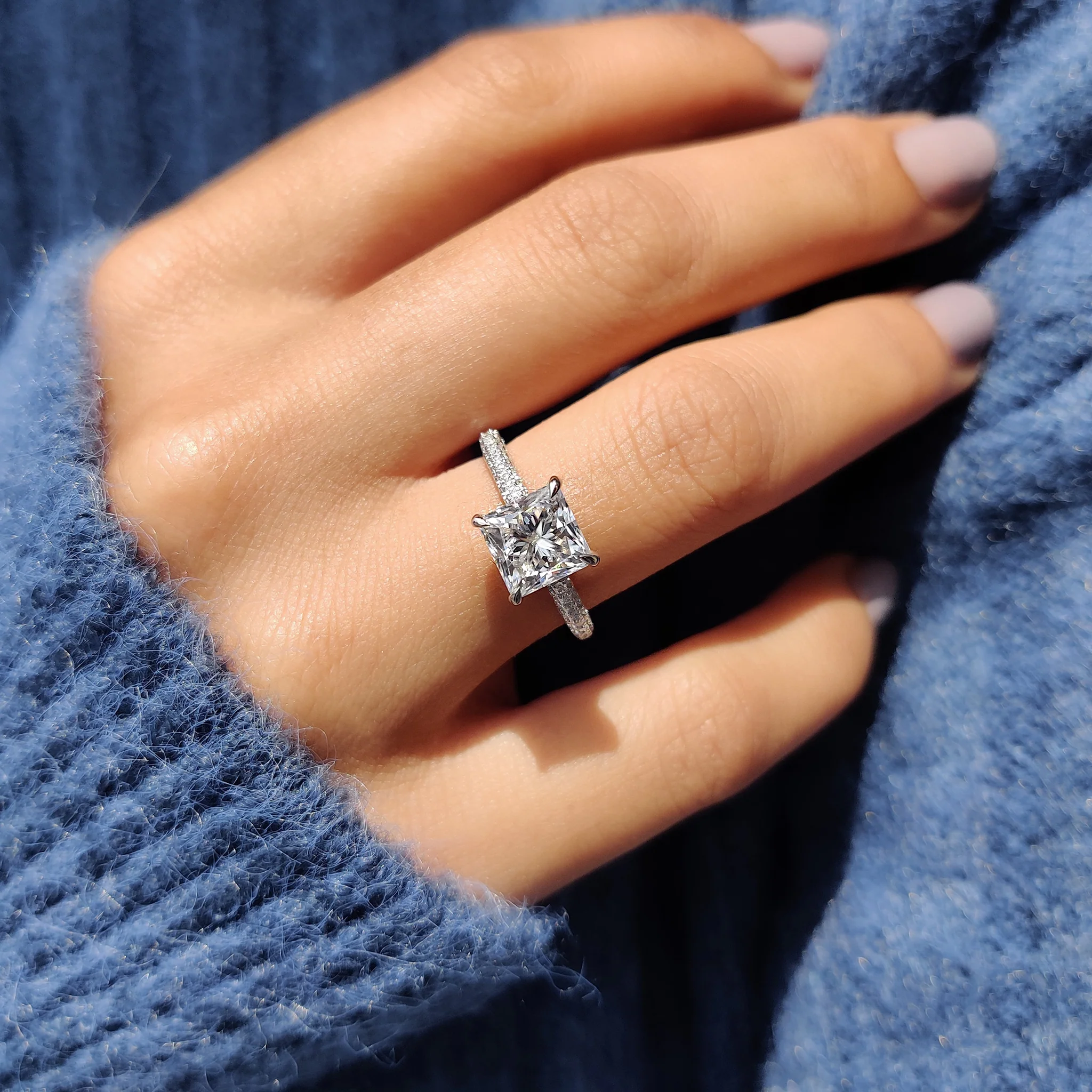 Three Side Pave Princess Cut Moissanite Ring - Image 9