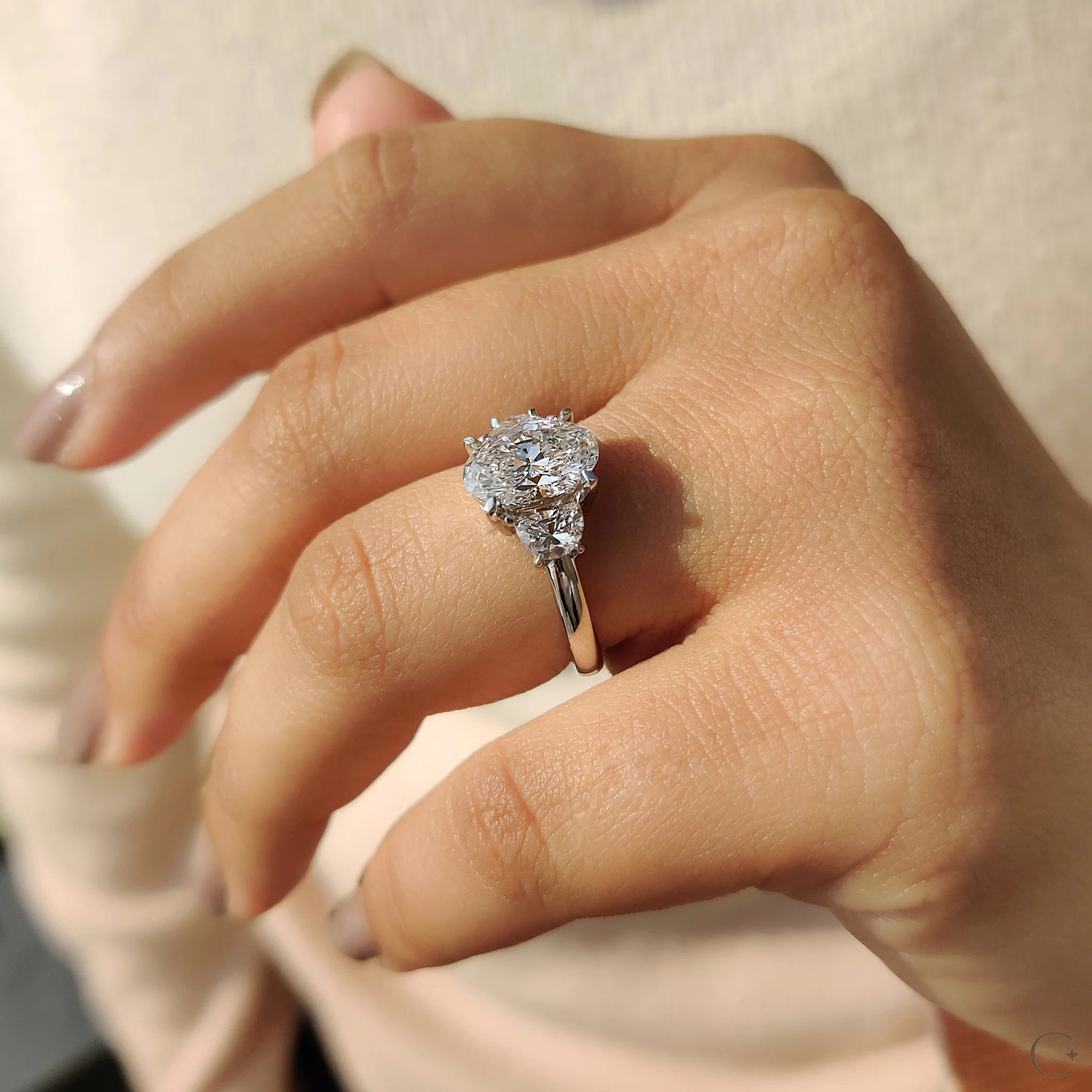 Three Stone Oval Engagement Ring With Half Moon Cut - Image 3