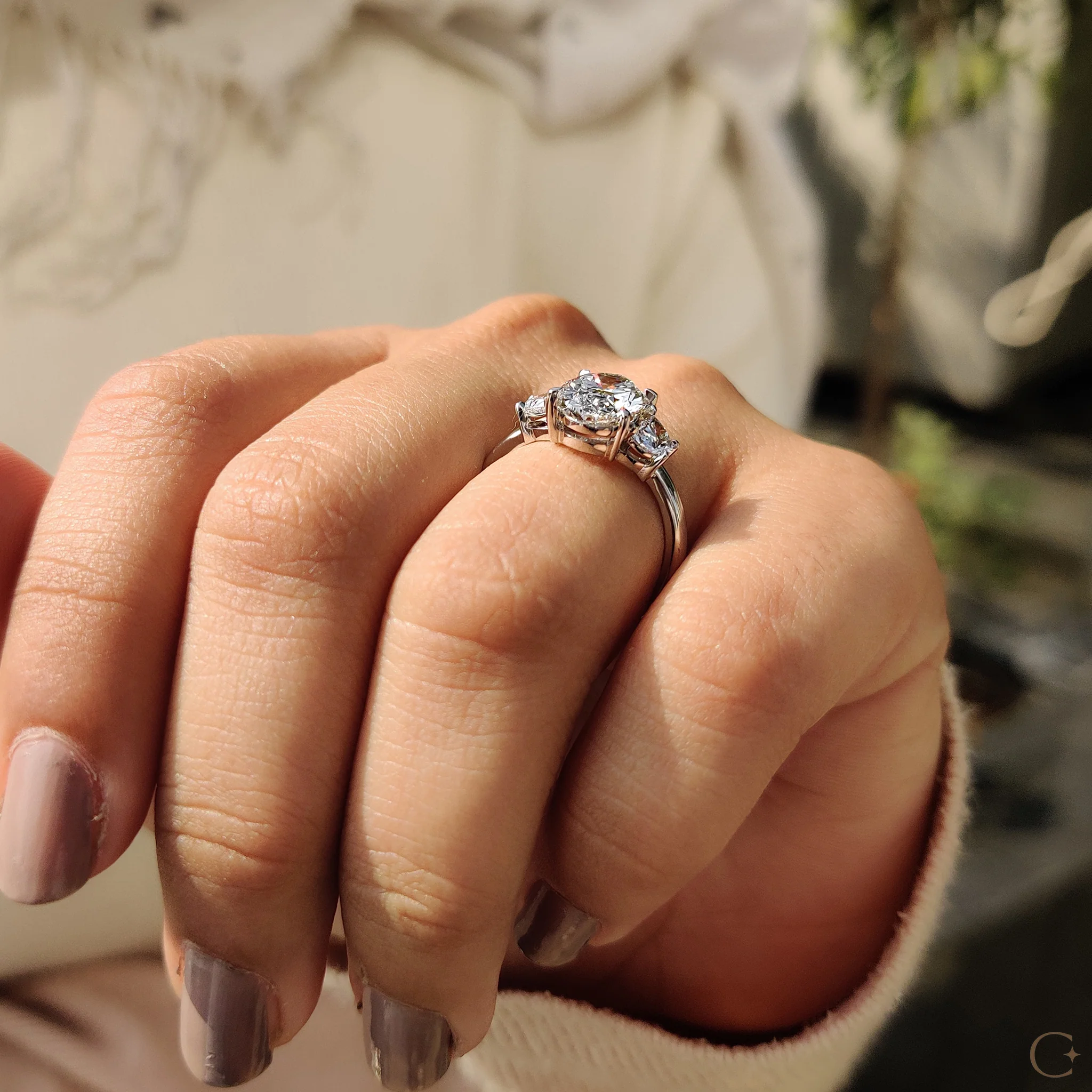 Three Stone Oval Engagement Ring With Half Moon Cut - Image 5