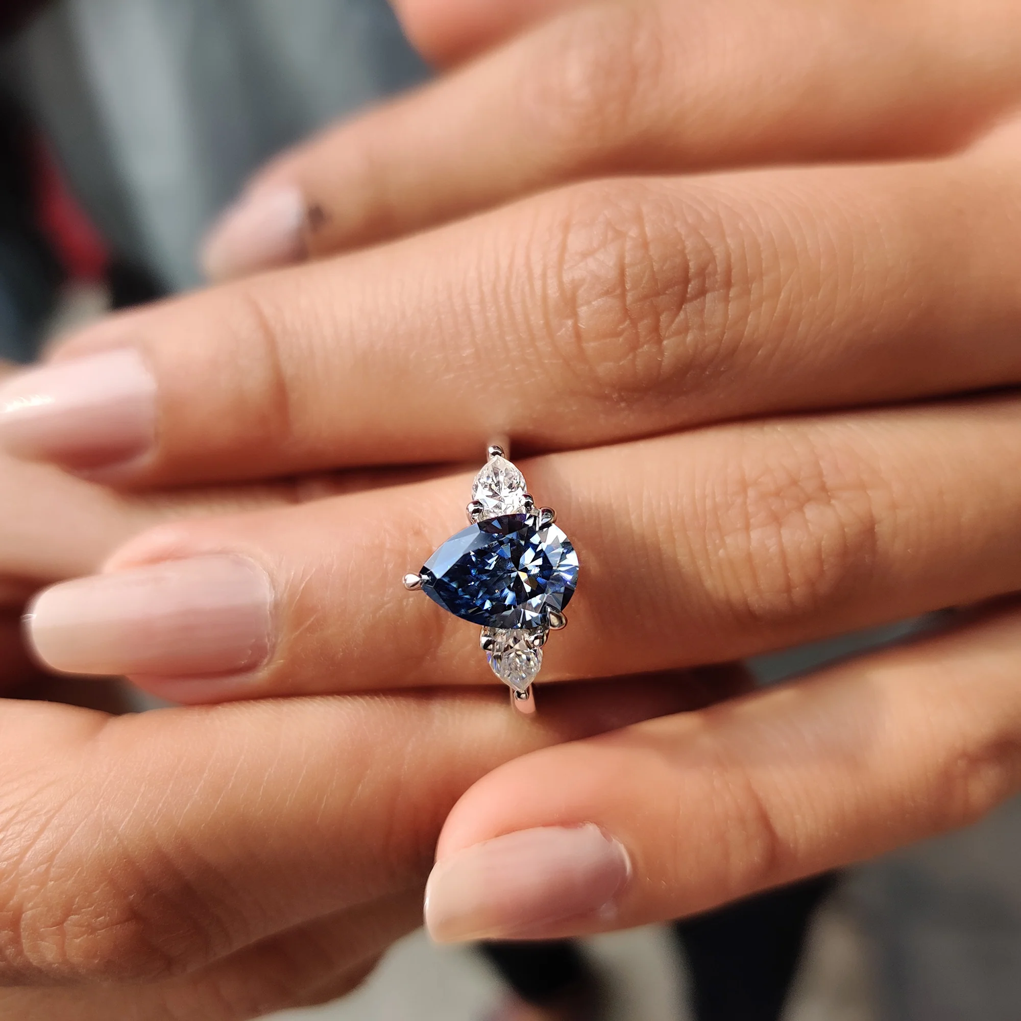 Three Stone Pear Cut Moissanite Ring - Image 8