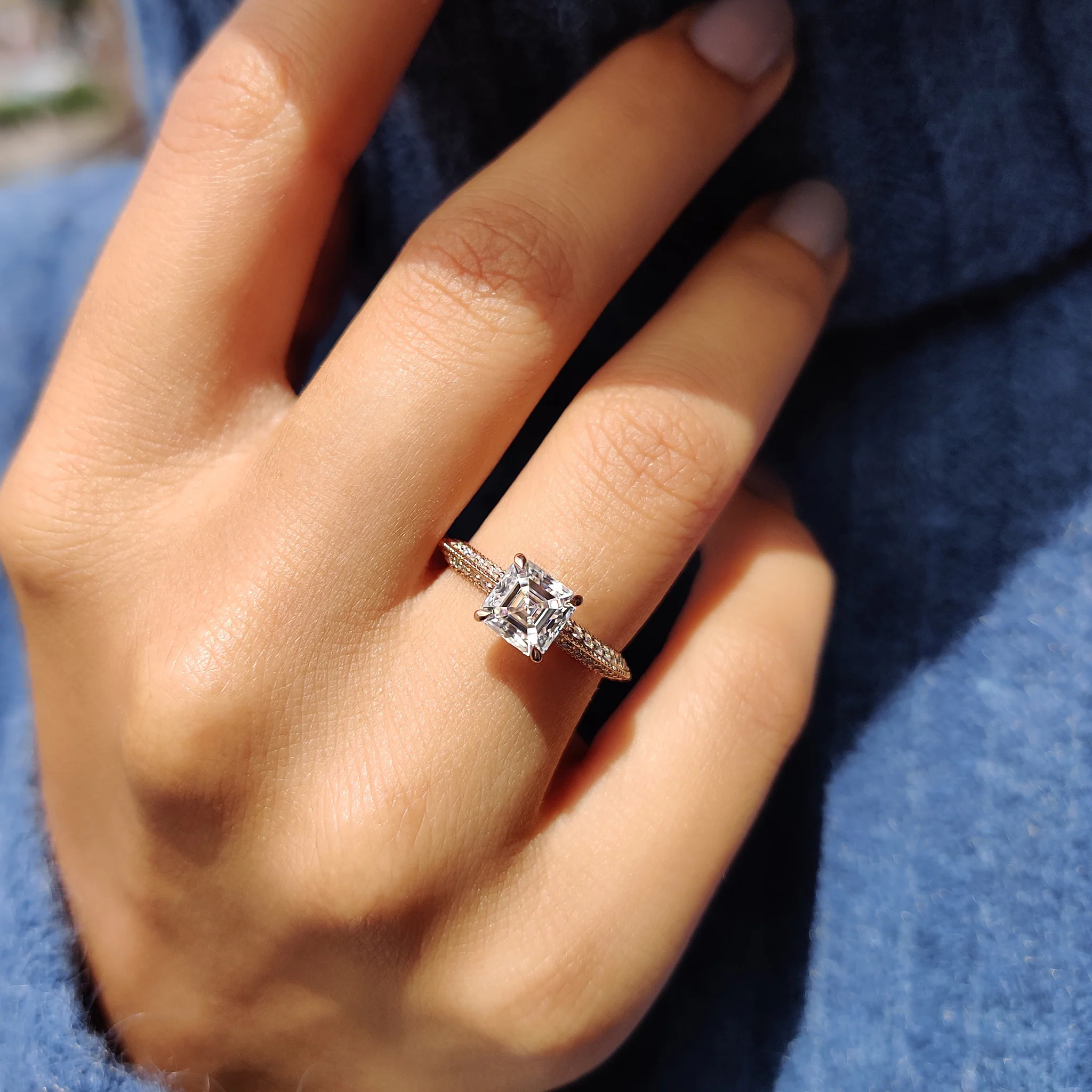 Two Side Pave Asscher Cut Engagement Ring - Image 6