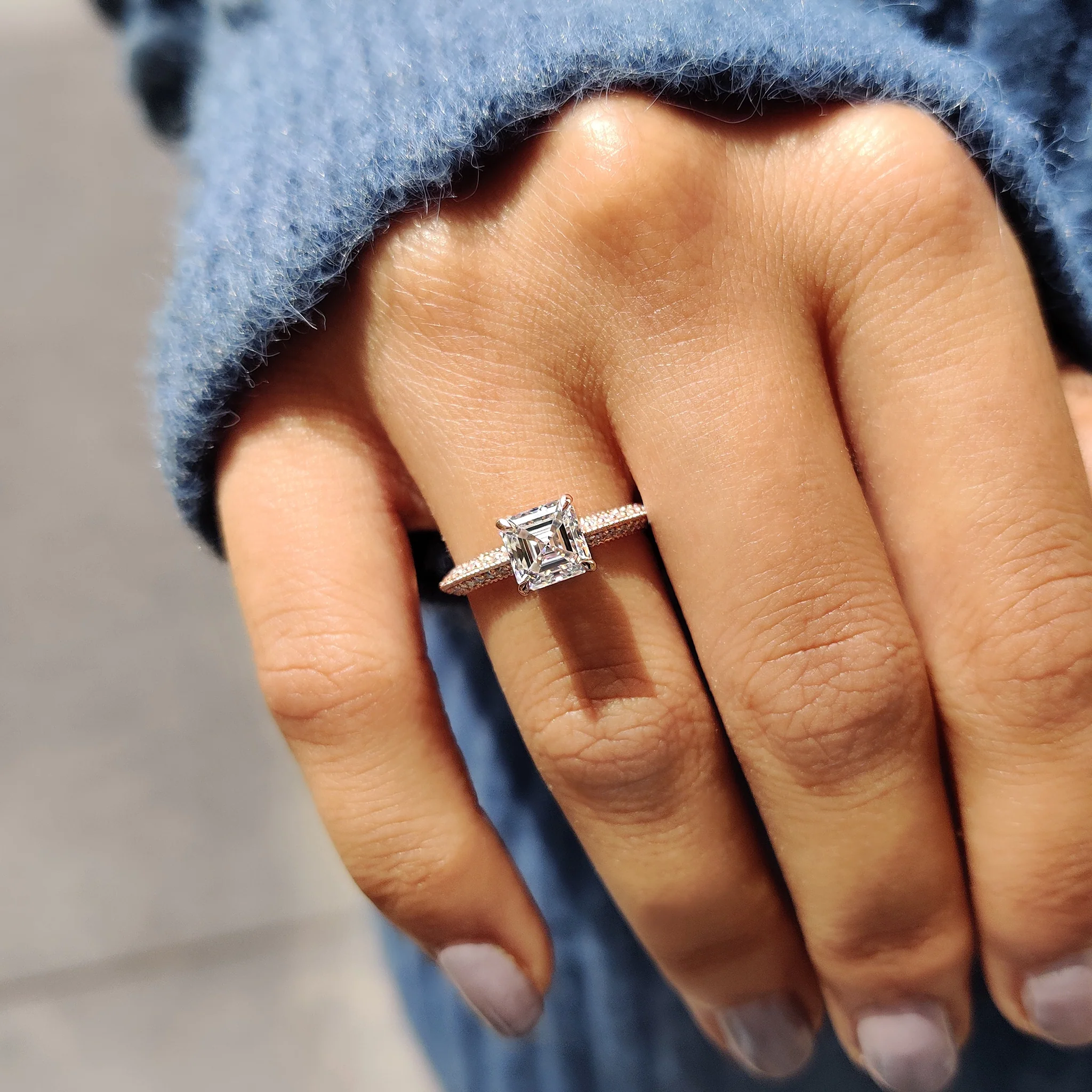 Two Side Pave Asscher Cut Engagement Ring - Image 7