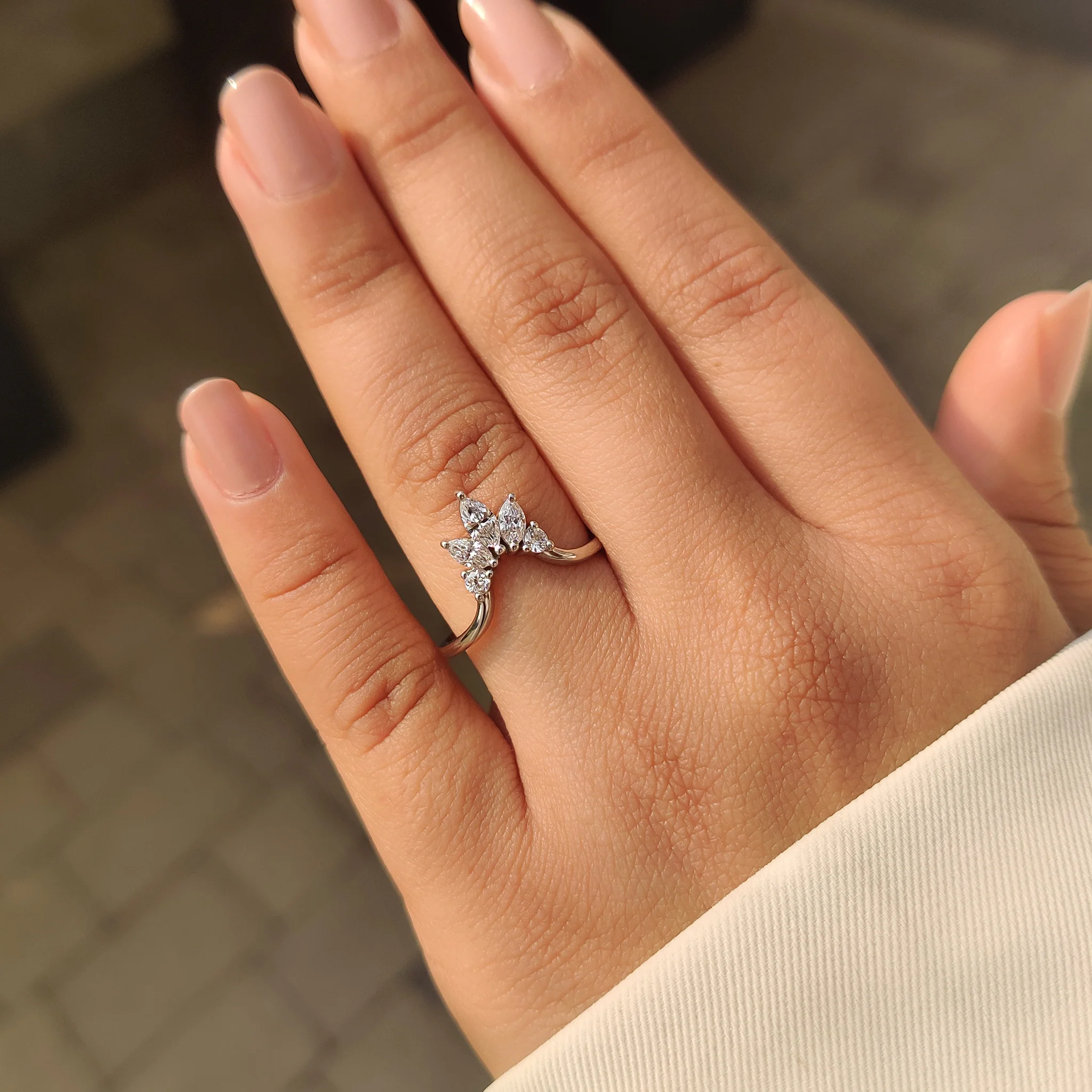 U Shape Curved Wedding Band with Marquise and Round Diamonds - Image 8