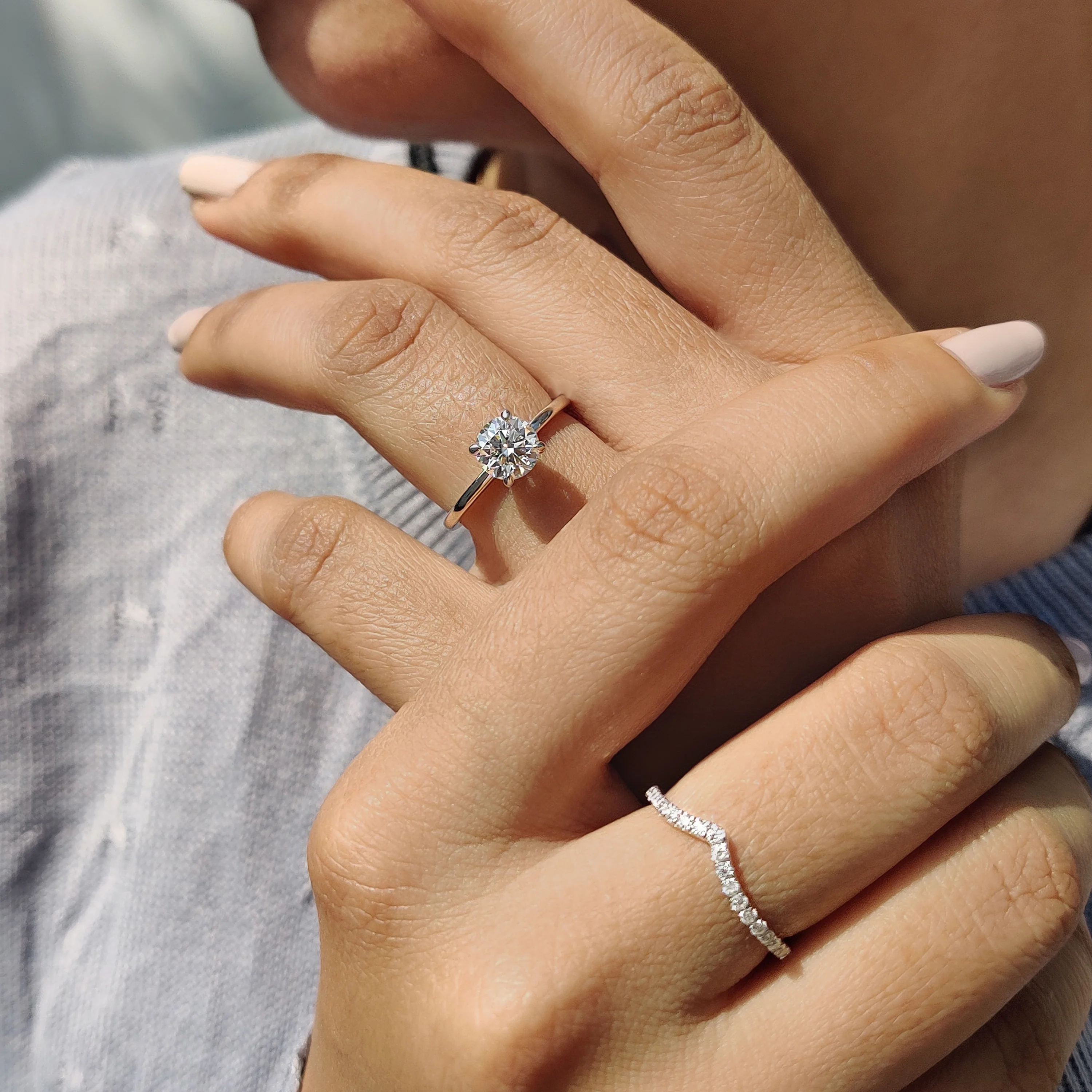 Round Cut Moissanite White Gold Bridal Set With V Shaped Band - Image 4