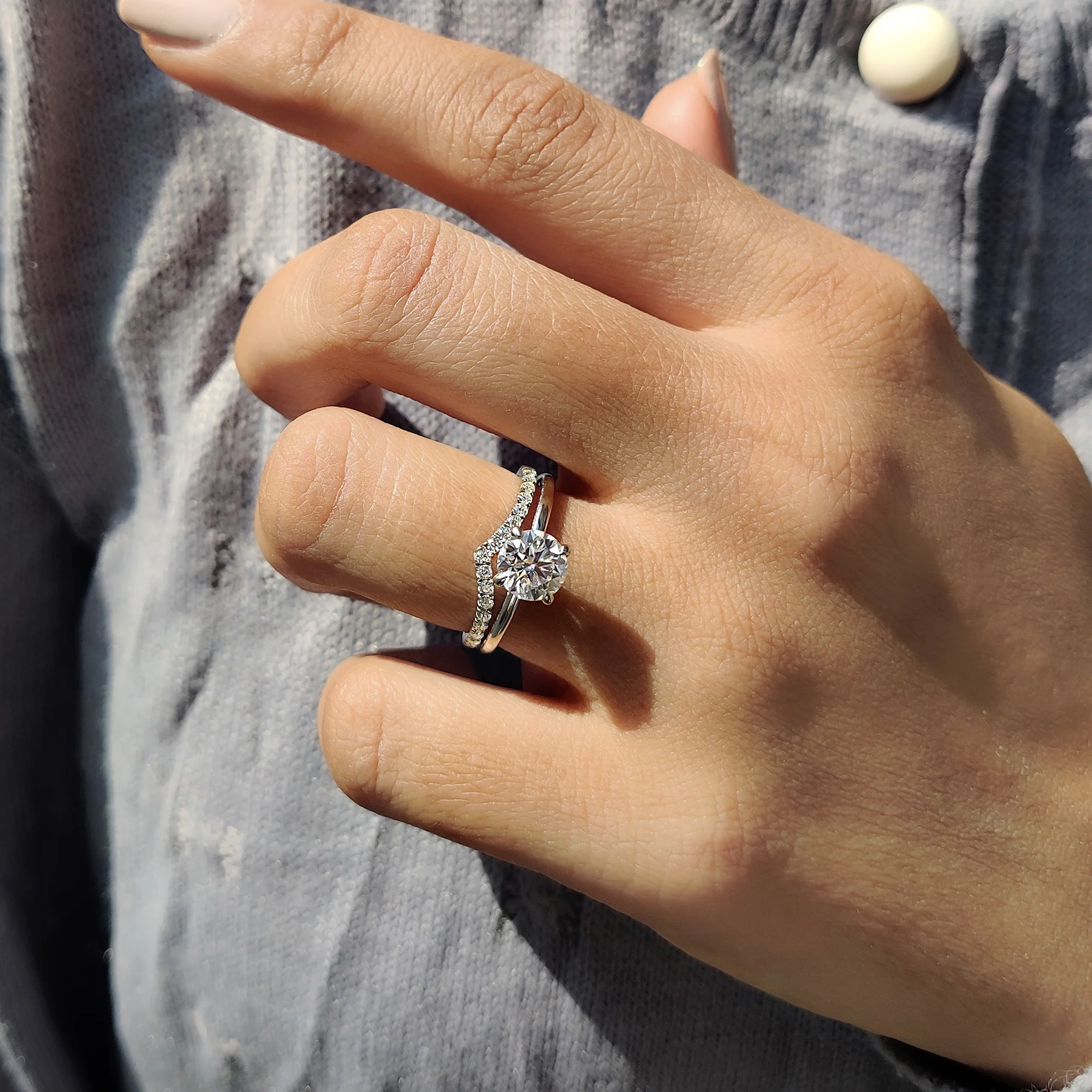 Round Cut Moissanite White Gold Bridal Set With V Shaped Band - Image 9