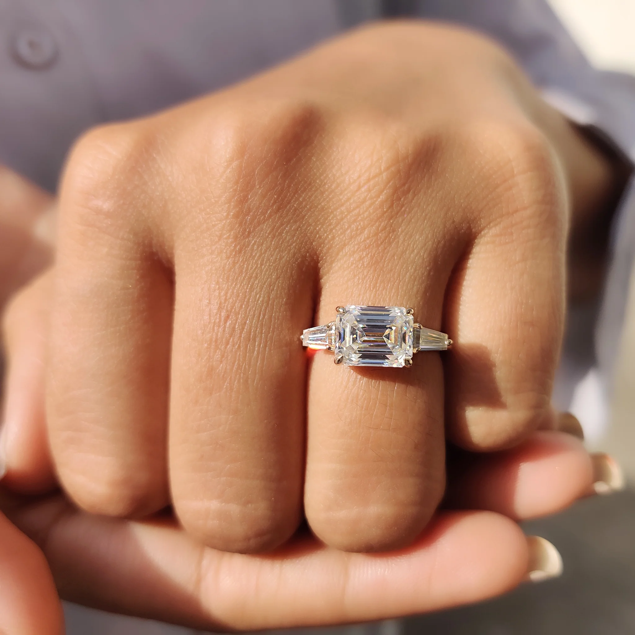 Three Stone Emerald Cut Moissanite Ring - Image 5