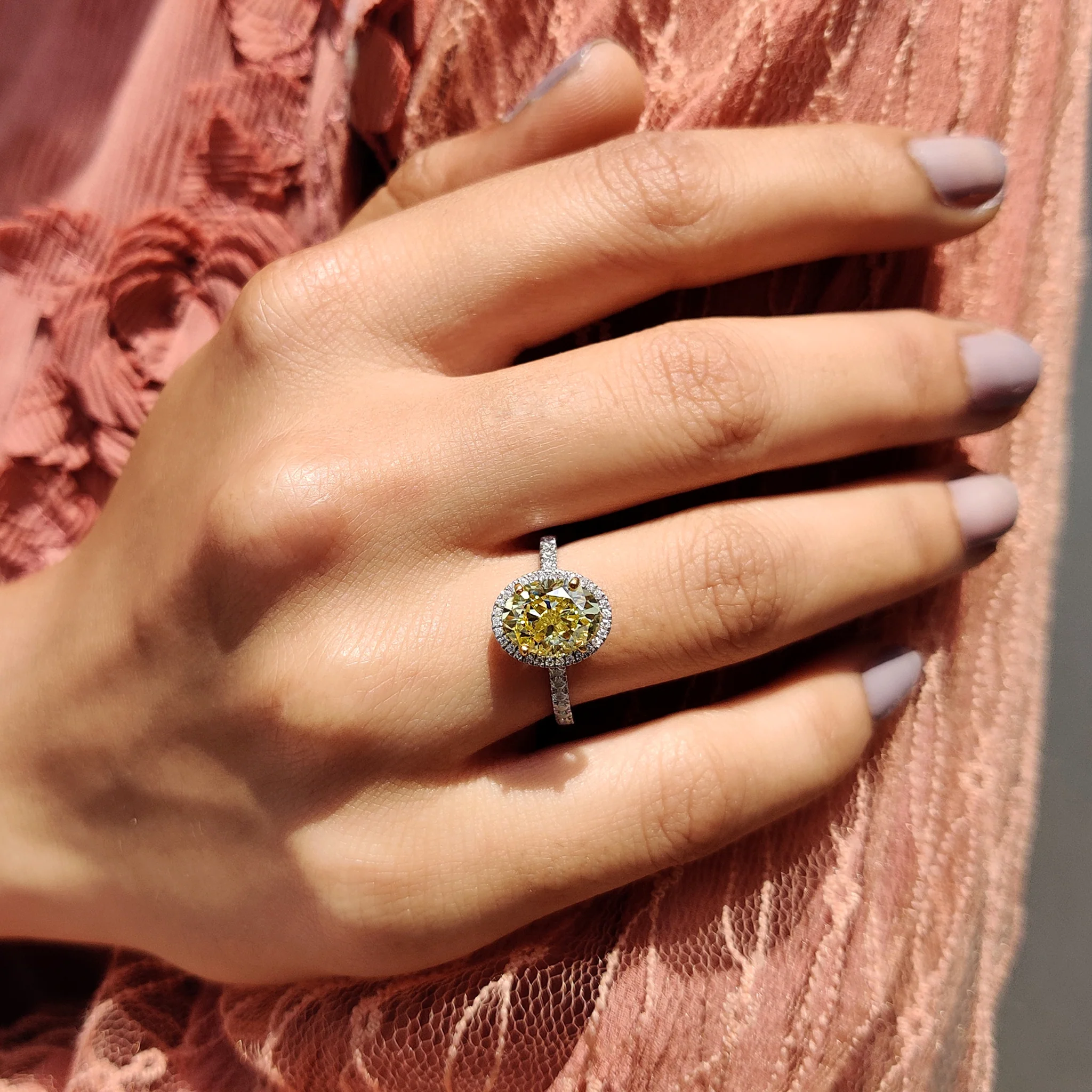 Yellow Oval Cut Engagement Ring With Pave Setting - Image 4
